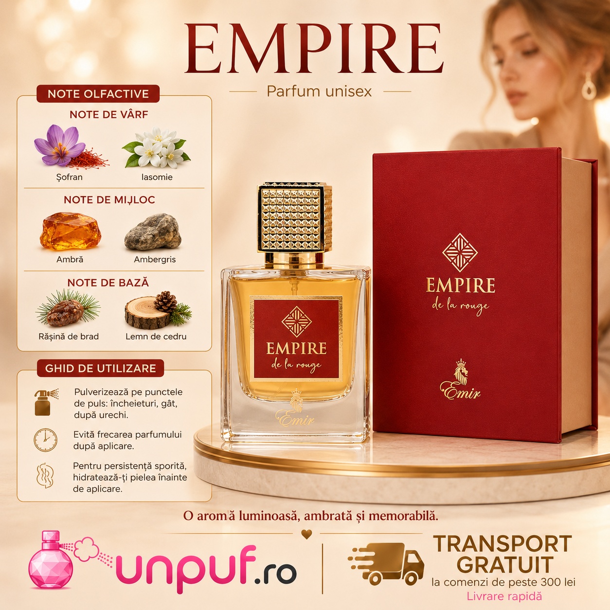 Empire De La Rouge parfum unisex cu note de șofran, iasomie, ambră, ambergris, rășină de brad și lemn de cedru