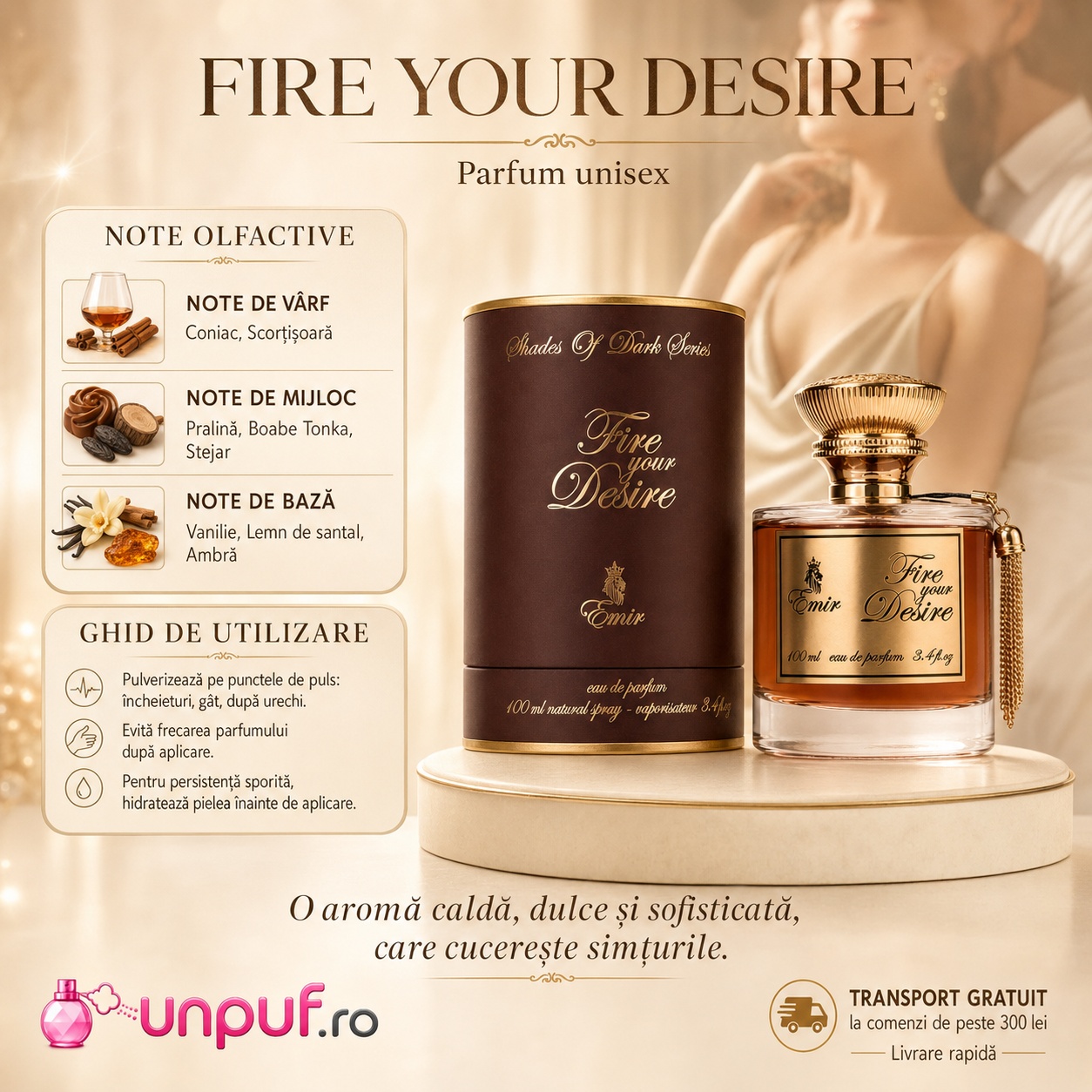 Emir Fire Your Desire note olfactive coniac, scorțișoară, pralină, tonka, stejar, vanilie, lemn de santal și ambră