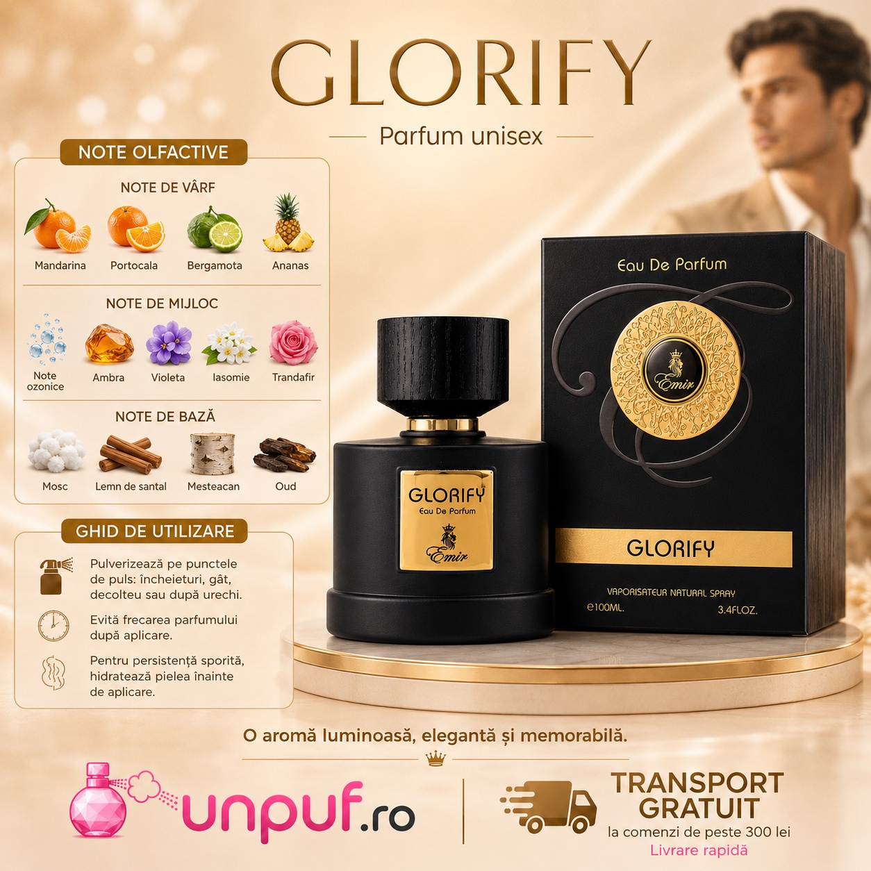 Emir Glorify parfum unisex cu mandarină, portocală, bergamotă, ananas, note ozonice, ambră, violetă, iasomie, trandafir, mosc, lemn de santal, mesteacăn și oud
