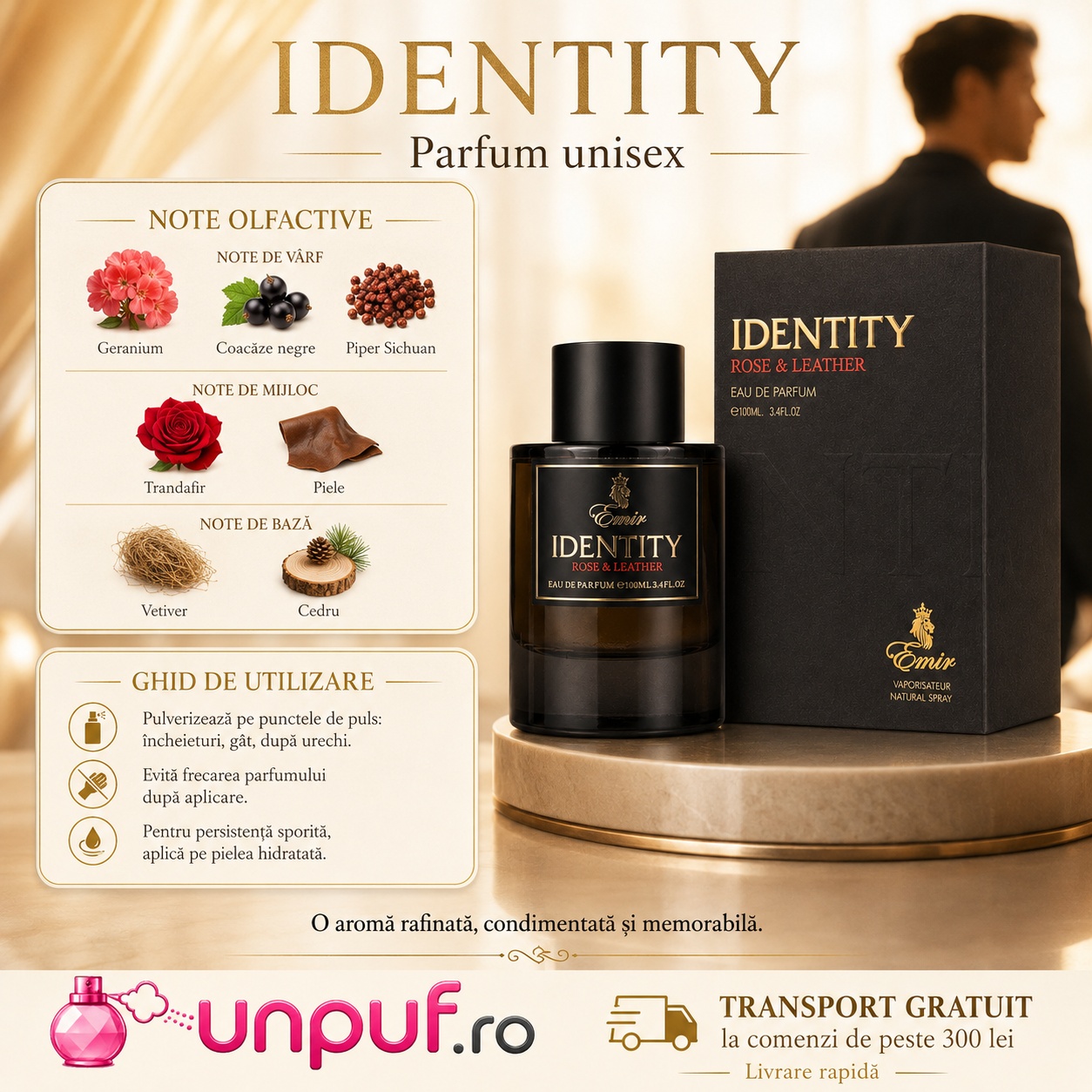 Identity Rose & Leather Emir parfum unisex cu geranium, coacăze negre, piper Sichuan, trandafir, piele, vetiver și cedru