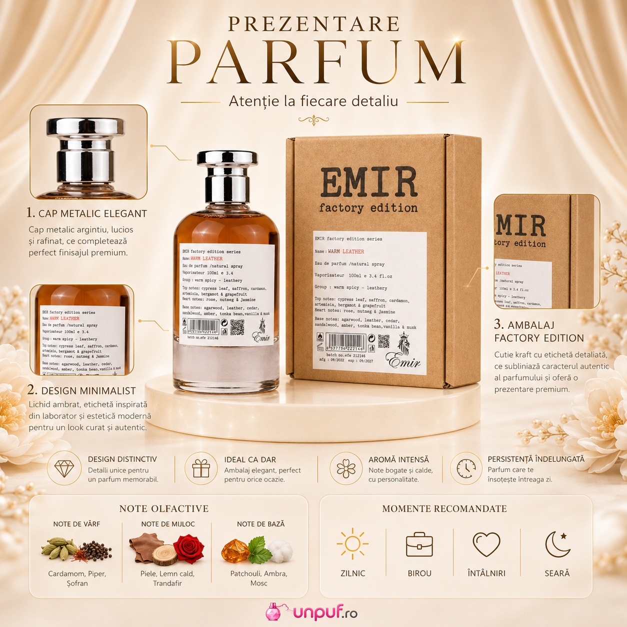 Prezentare parfum Emir Warm Leather Factory Edition cu note de cardamom, piper, șofran, piele, lemn cald, trandafir, patchouli, ambră și mosc
