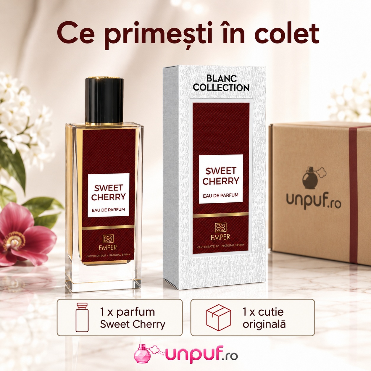 Ce primești &icirc;n colet pentru Sweet Cherry Emper, parfum și cutie originală, ambalare unpuf.ro