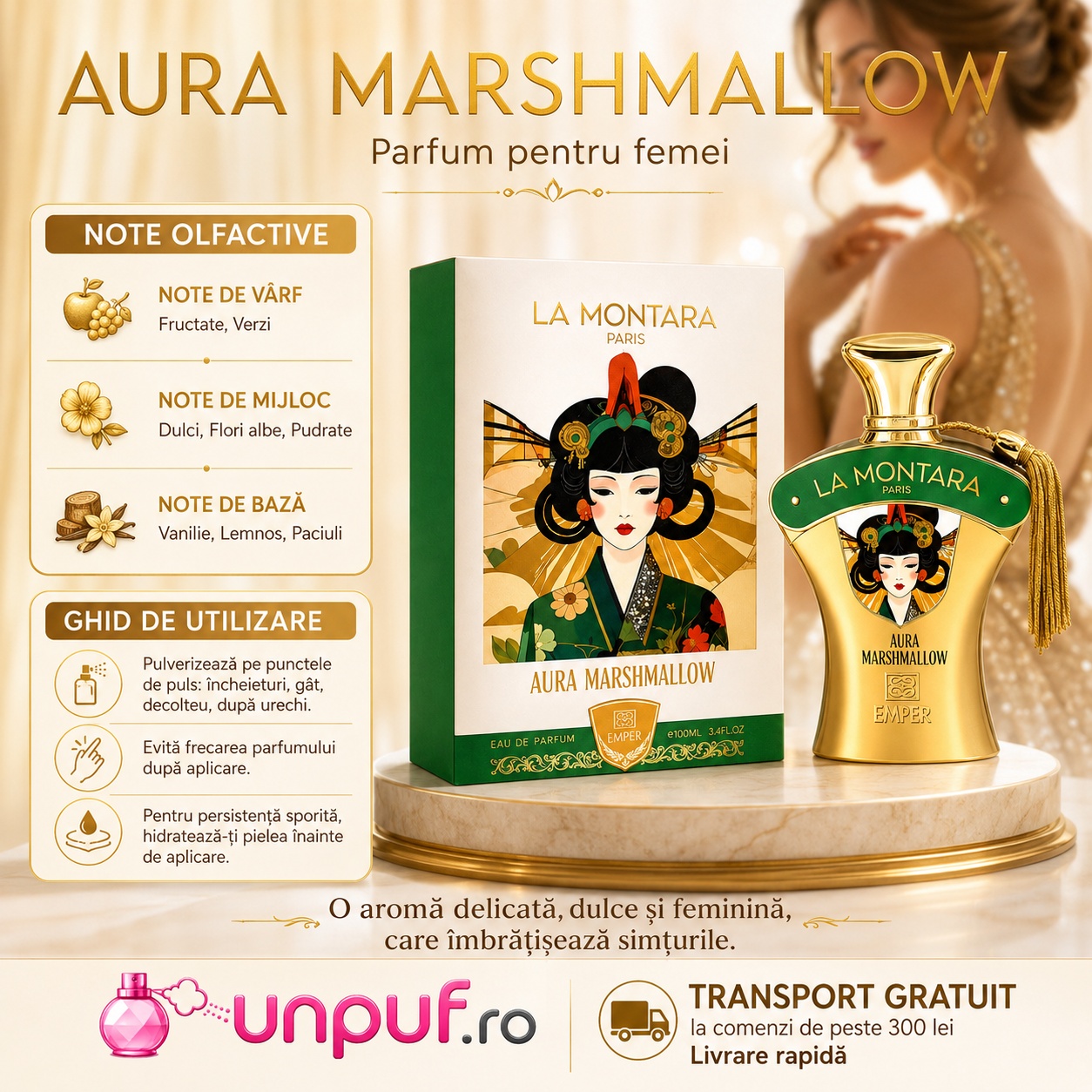 Note olfactive și ghid de utilizare Aura Marshmallow Emper cu note fructate, verzi, flori albe, vanilie, lemnos și paciuli