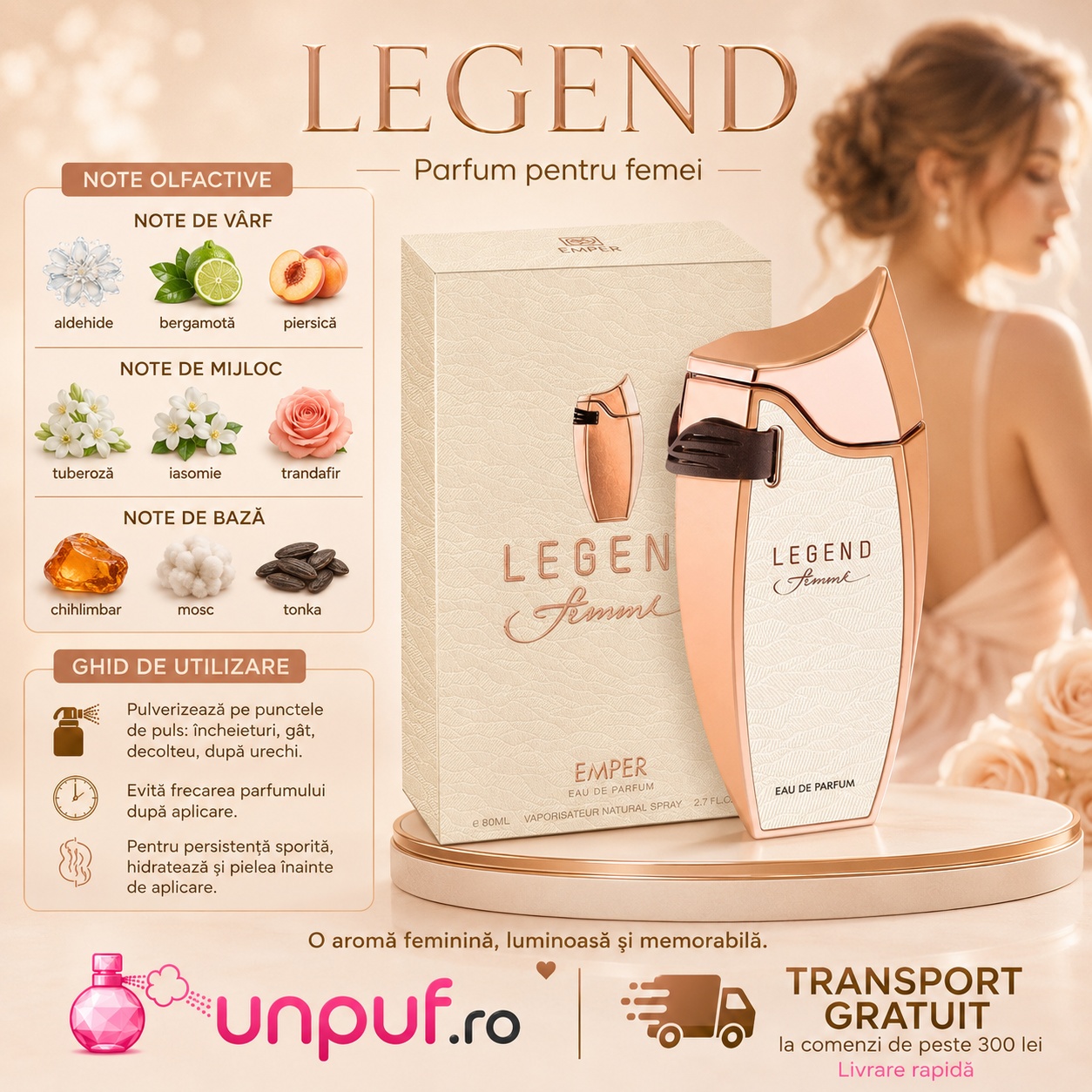 Note olfactive și ghid de utilizare Emper Legend Femme cu bergamotă, piersică, iasomie, trandafir, mosc, vanilie și tonka