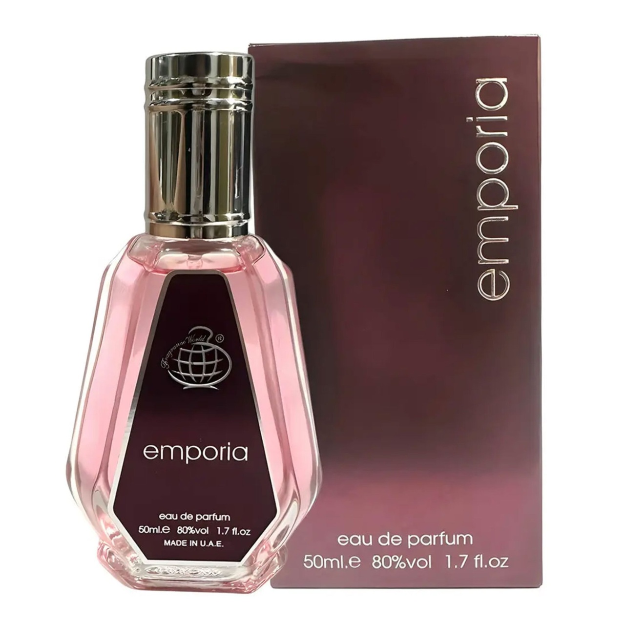 Flacon original Emporia Eau de Parfum 50 ml roz cu capac argintiu și cutie originală roz prună
