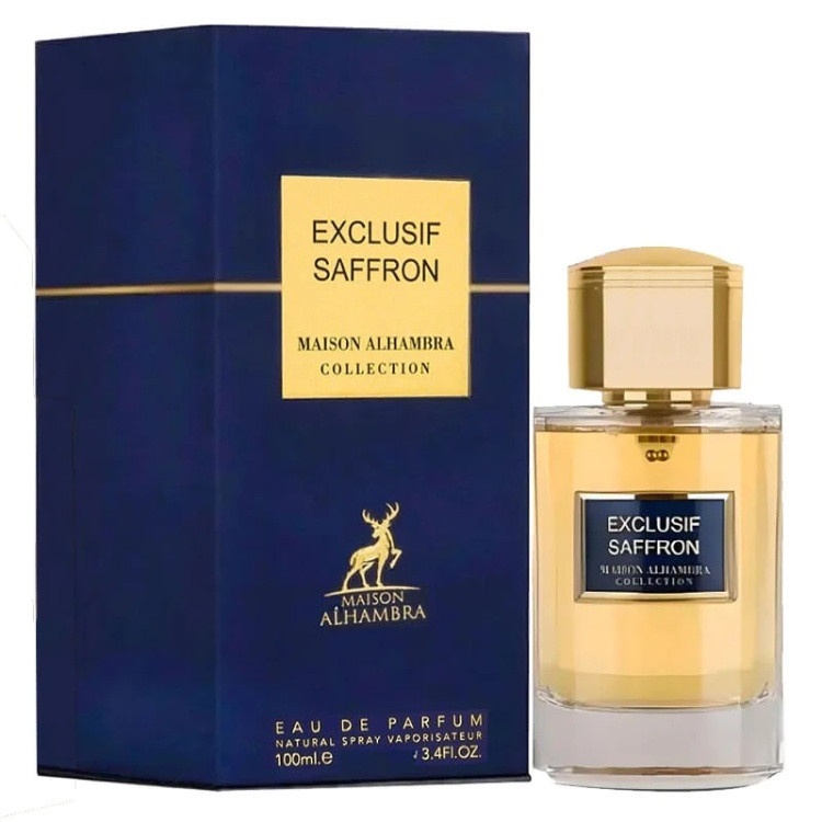 Produs real Exclusif Saffron Maison Alhambra 100 ml cu sticlă elegantă și cutie bleumarin