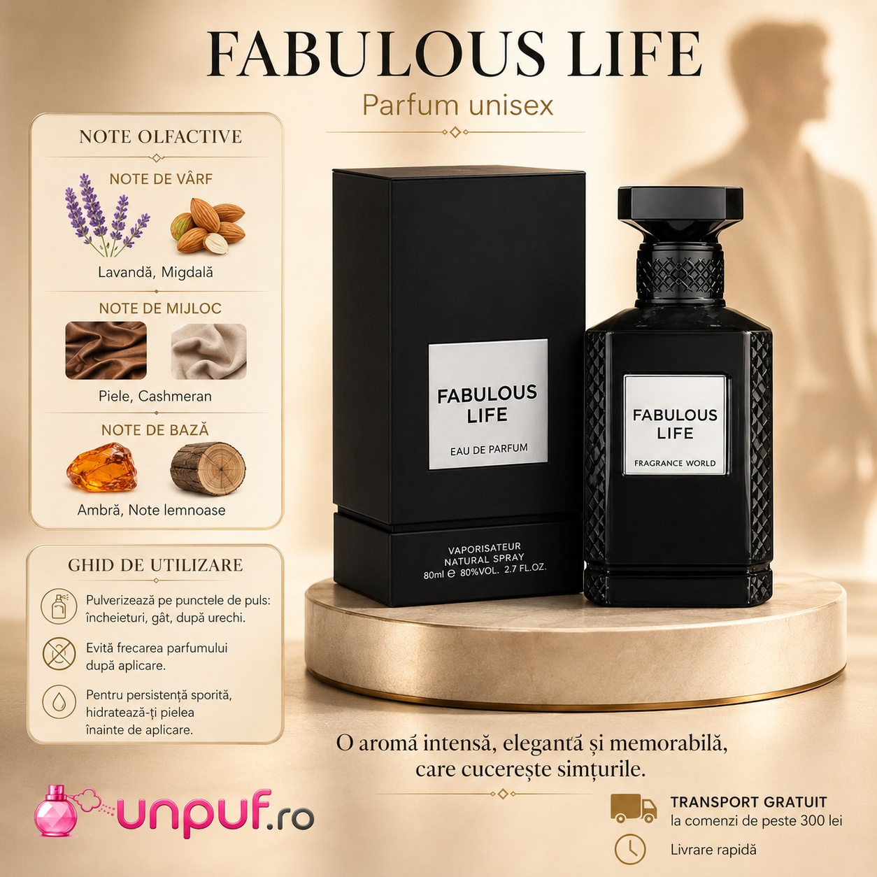 Fabulous Life parfum unisex cu note de lavandă, migdală, piele, cașmeran, ambră și note lemnoase, aromă intensă elegantă și memorabilă