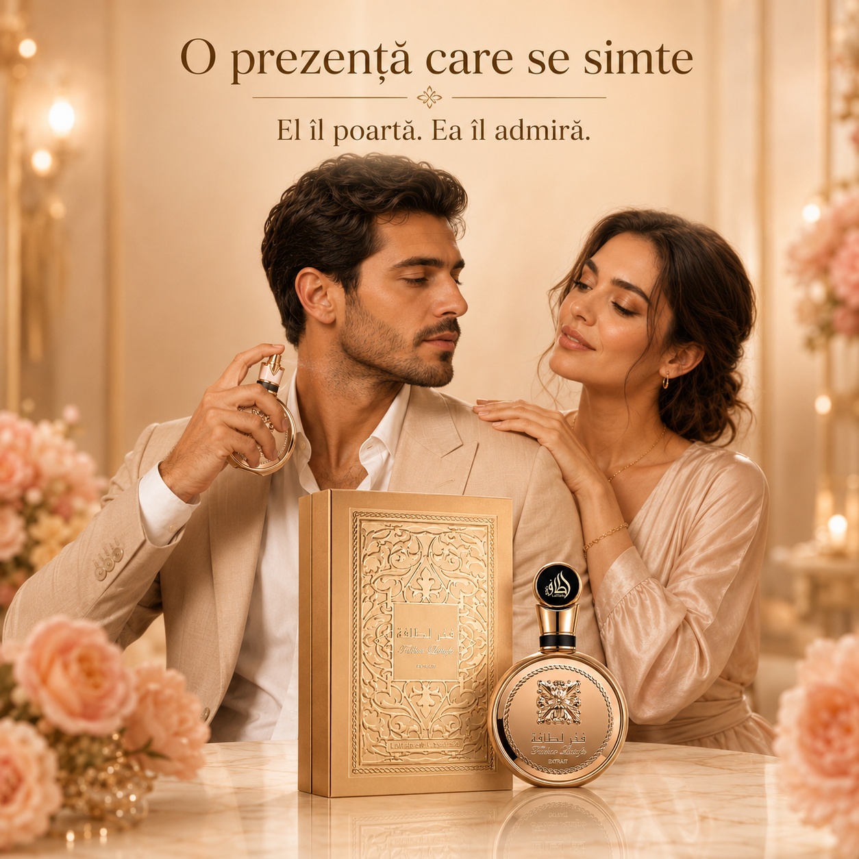 Fakhar Extrait Gold Lattafa Pride parfum romantic bărbătesc, o prezență care se simte