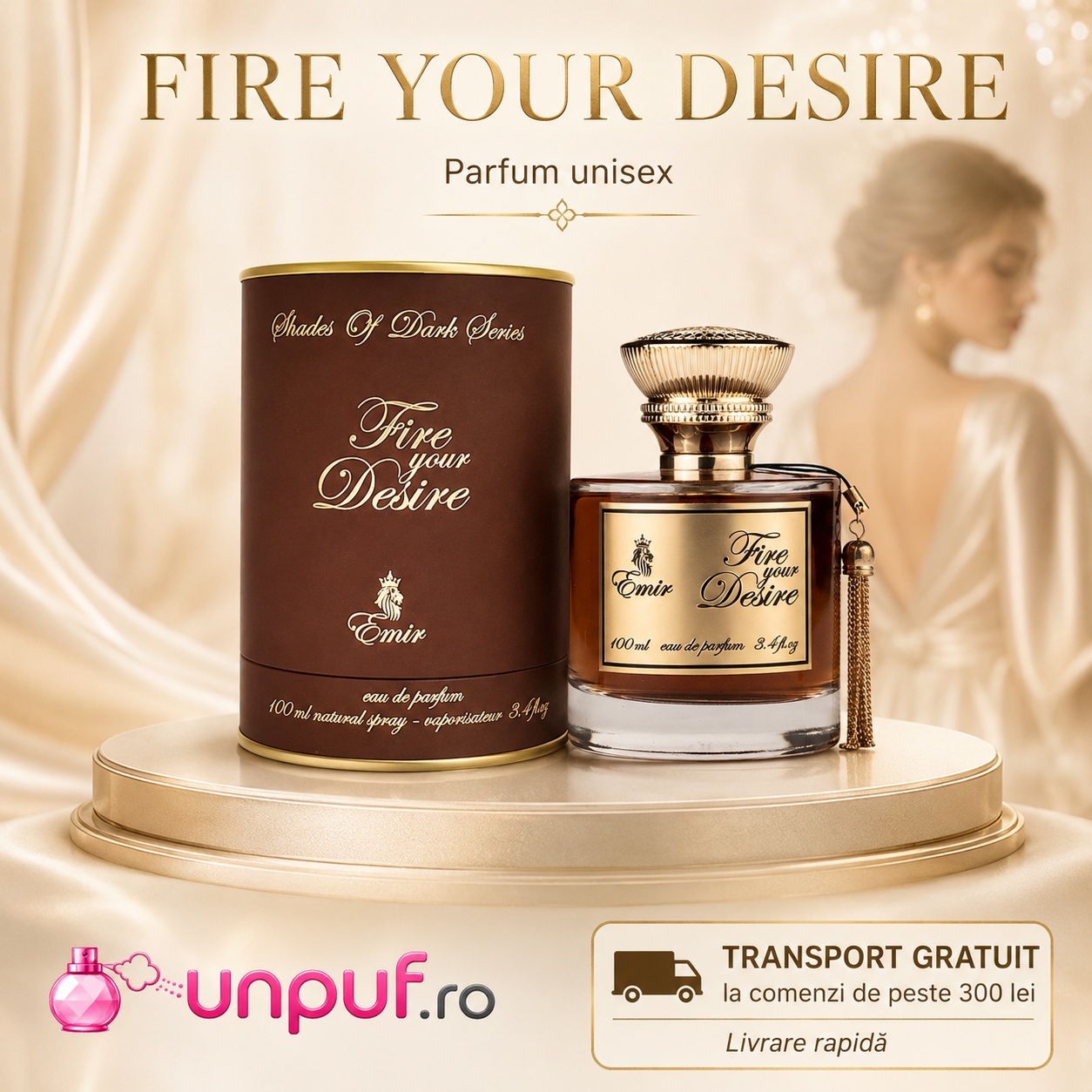 Fire Your Desire Emir parfum unisex cu flacon elegant, cutie maro premium, lichid ambrat și atmosferă caldă sofisticată