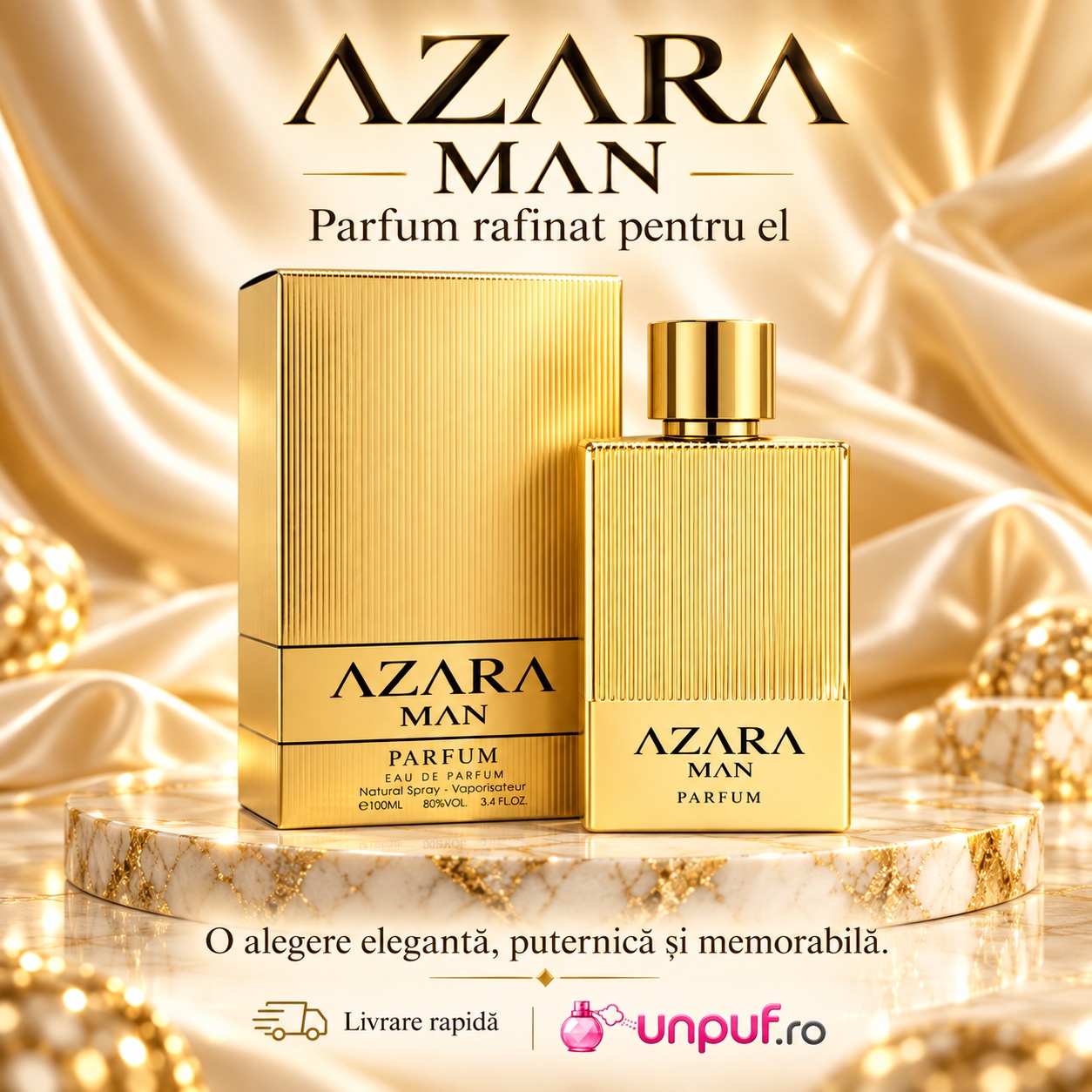 Azara Man Fragrance World parfum rafinat pentru bărbați cu flacon auriu și cutie elegantă