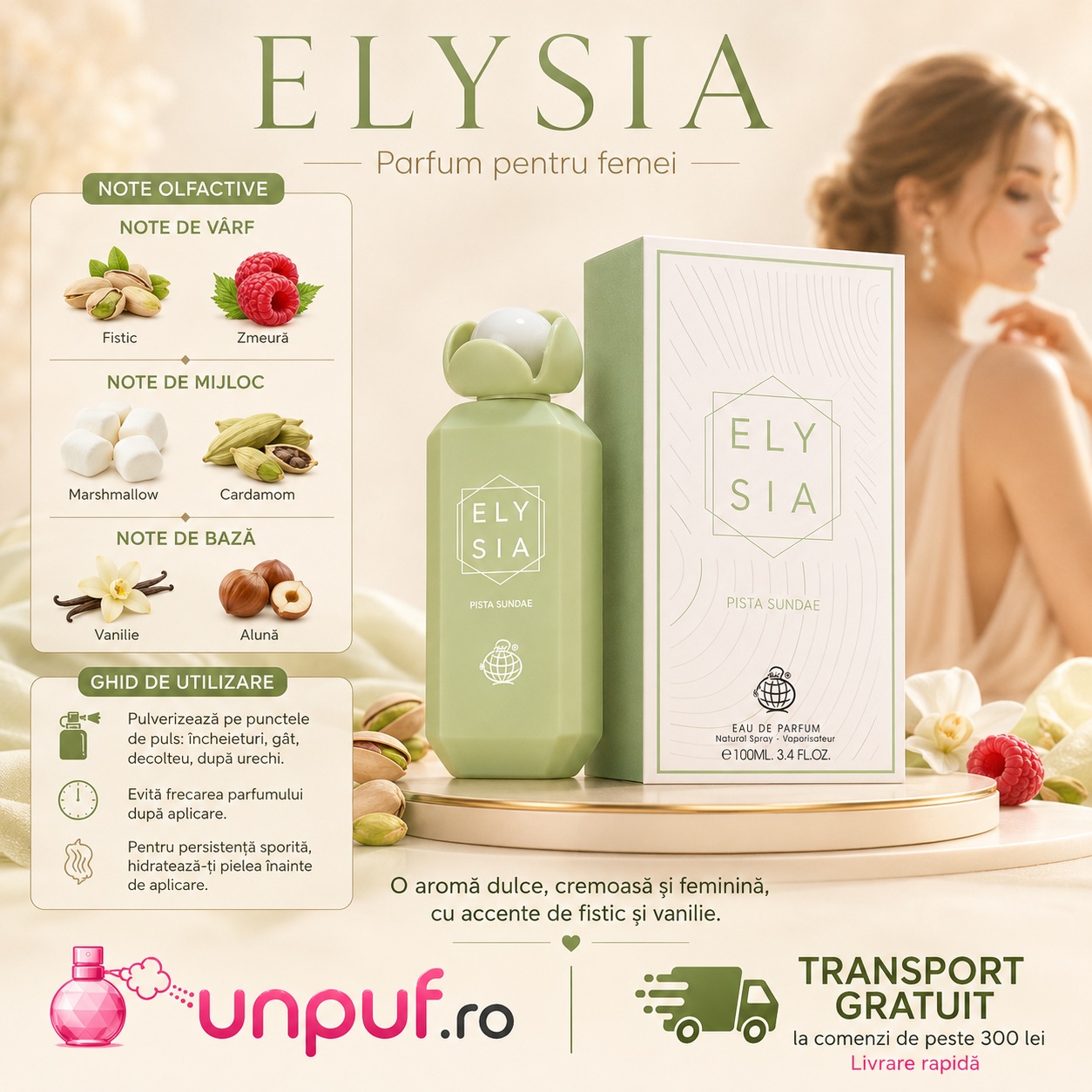 Elysia Pista Sundae note olfactive și ghid de utilizare parfum de damă cu fistic zmeură marshmallow cardamom vanilie și alună