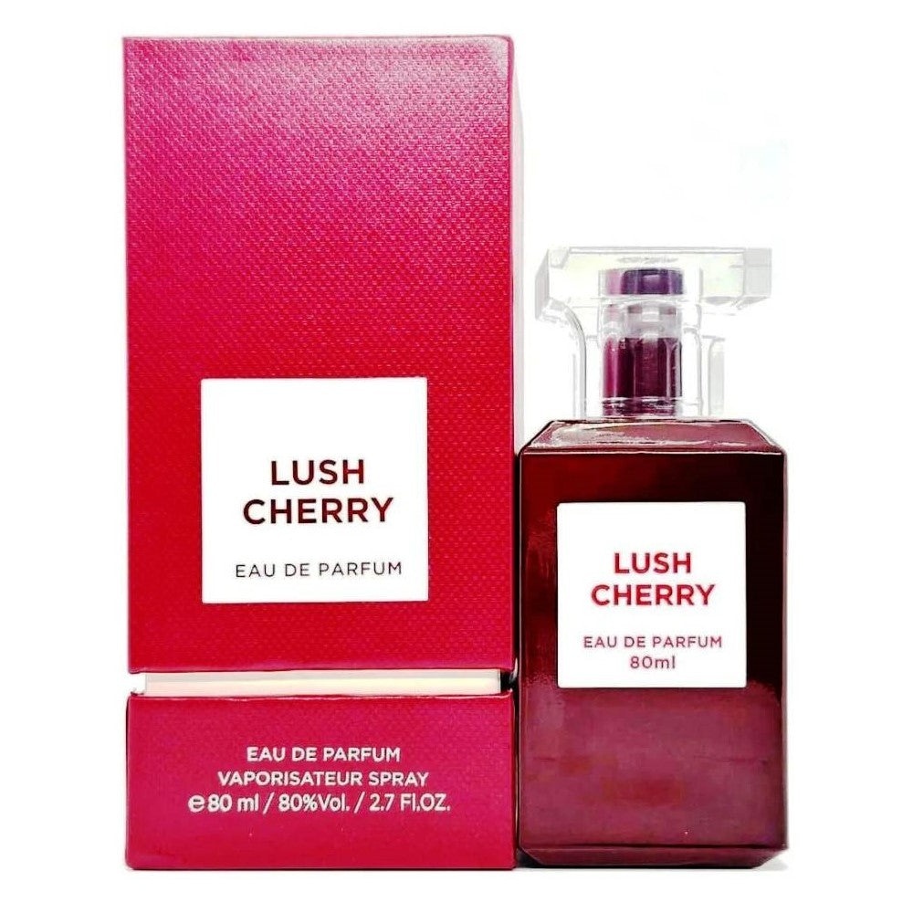 Parfum Fragrance World Lush Cherry 100 ml imagine produs pe fundal alb cu flacon roșu și cutie originală