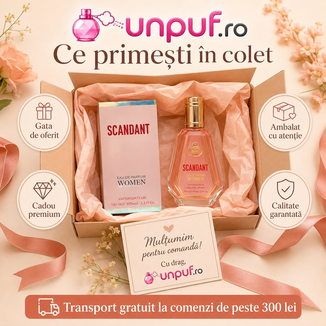 Ce primești în colet Fragrance World Scandant Belle Celine 50 ml, parfum original și ambalaj premium