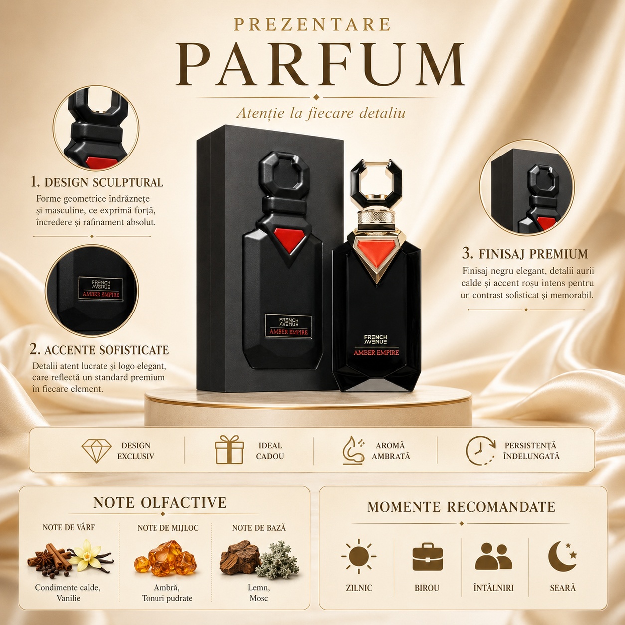 Prezentare parfum Amber Empire French Avenue cu design sculptural, accente sofisticate, finisaj premium și note olfactive