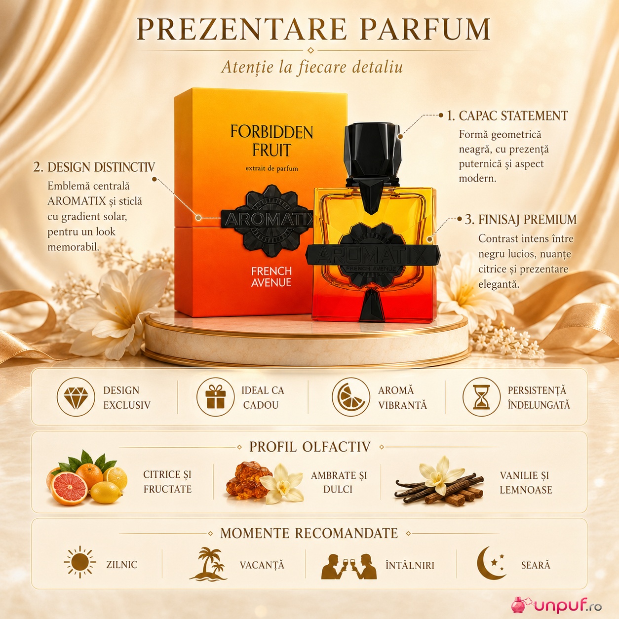 Prezentare parfum Aromatix Forbidden Fruit French Avenue cu detalii premium și aromă fructată dulce