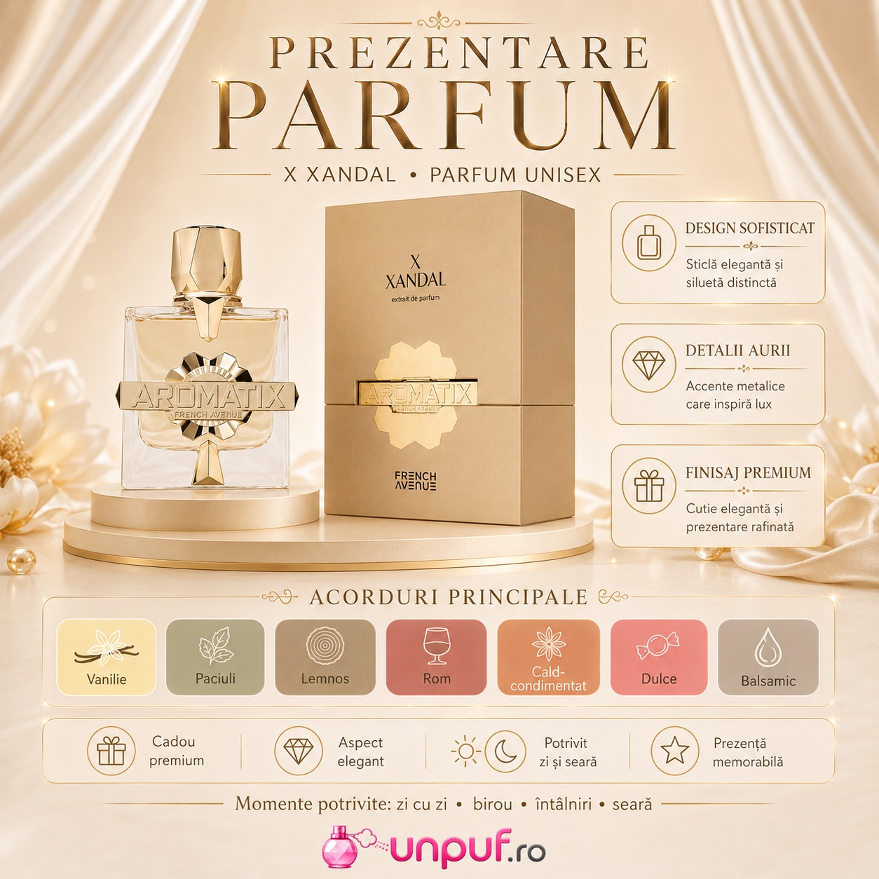 Prezentare parfum Aromatix X Xandal French Avenue cu detalii premium, design sofisticat și acorduri principale