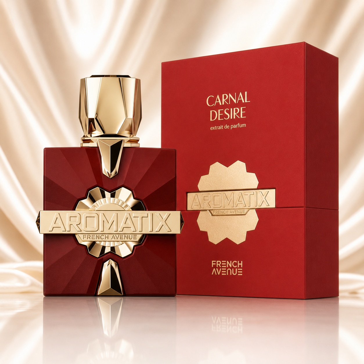 Parfum Arăbesc Carnal Desire Aromatix French Avenue 100 ml cu sticlă roșu rubiniu și detalii aurii premium