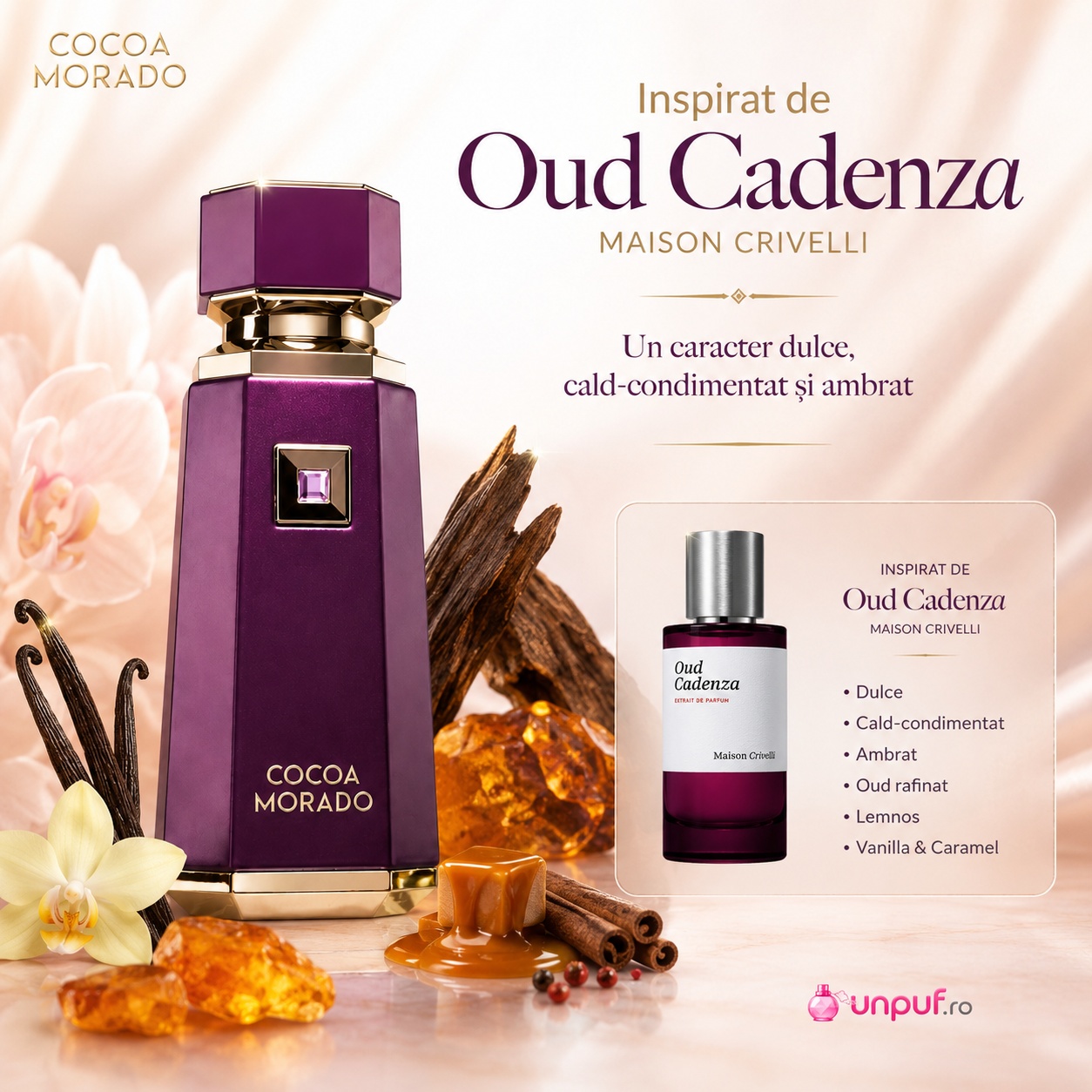 Parfum Cocoa Morado French Avenue inspirat de Oud Cadenza Maison Crivelli, dulce, cald condimentat și ambrat