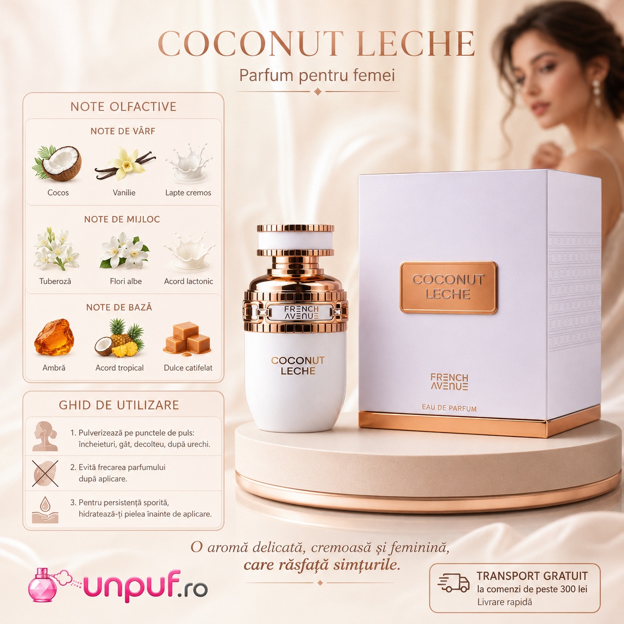 Note olfactive Coconut Leche cu cocos, vanilie, lapte cremos, tuberoză, flori albe, acord lactonic, ambră și acord tropical