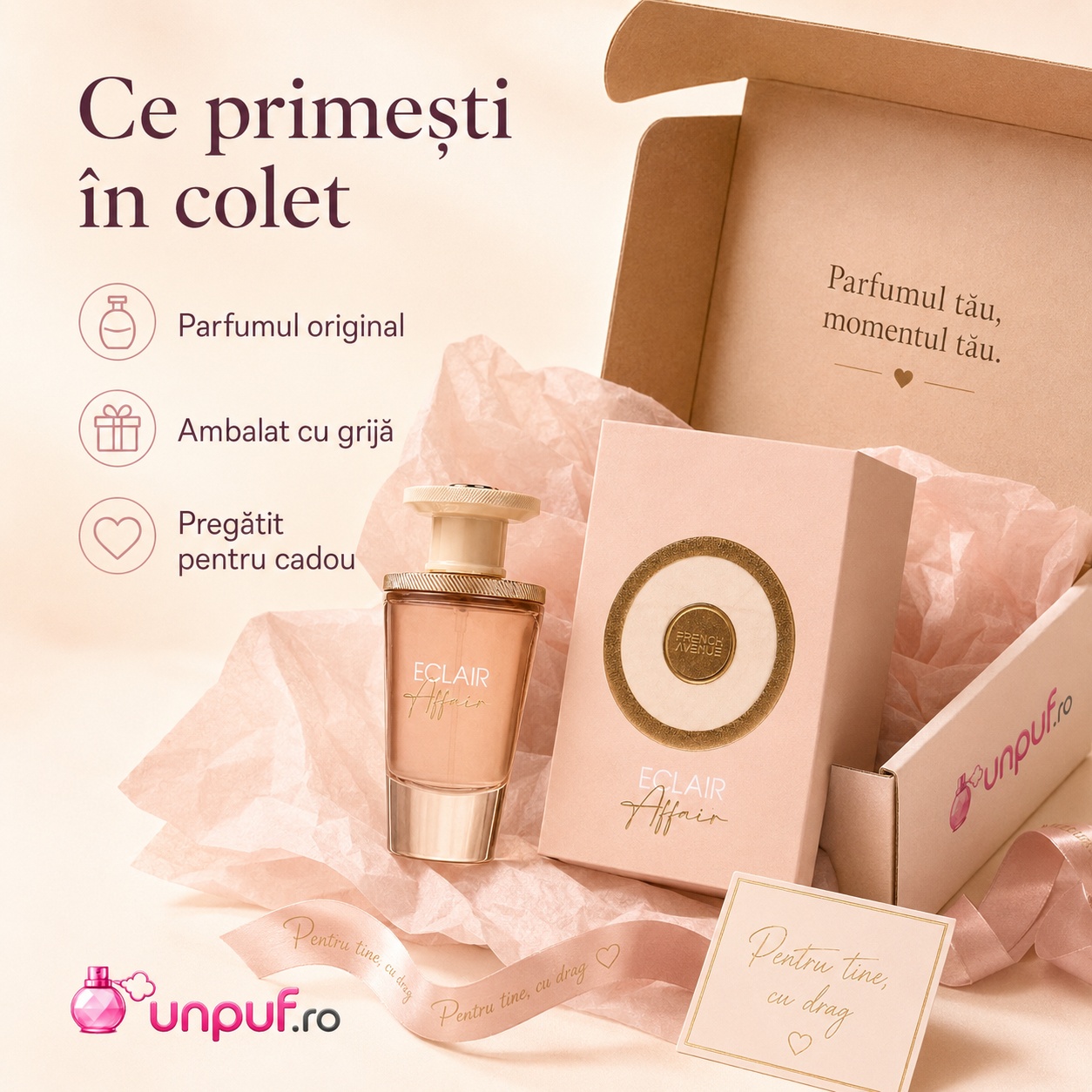 Colet parfum Eclair Affair French Avenue cu parfum original, ambalat cu grijă și pregătit pentru cadou
