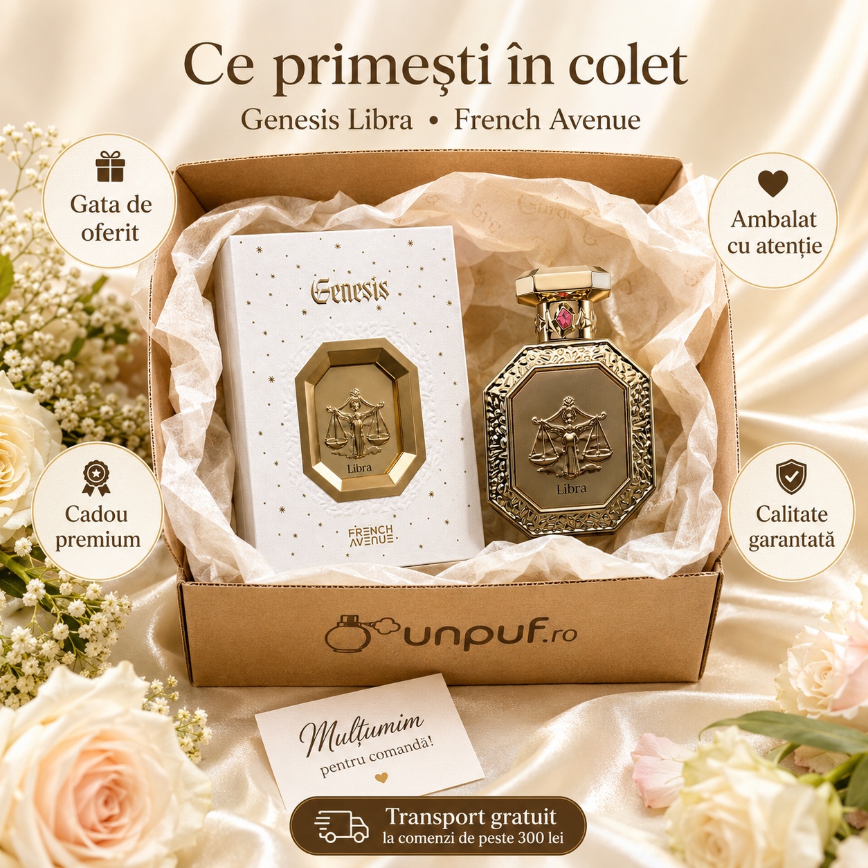 Colet parfum Genesis Libra French Avenue cu parfum original, cutie albă premium, ambalare atentă și livrare rapidă