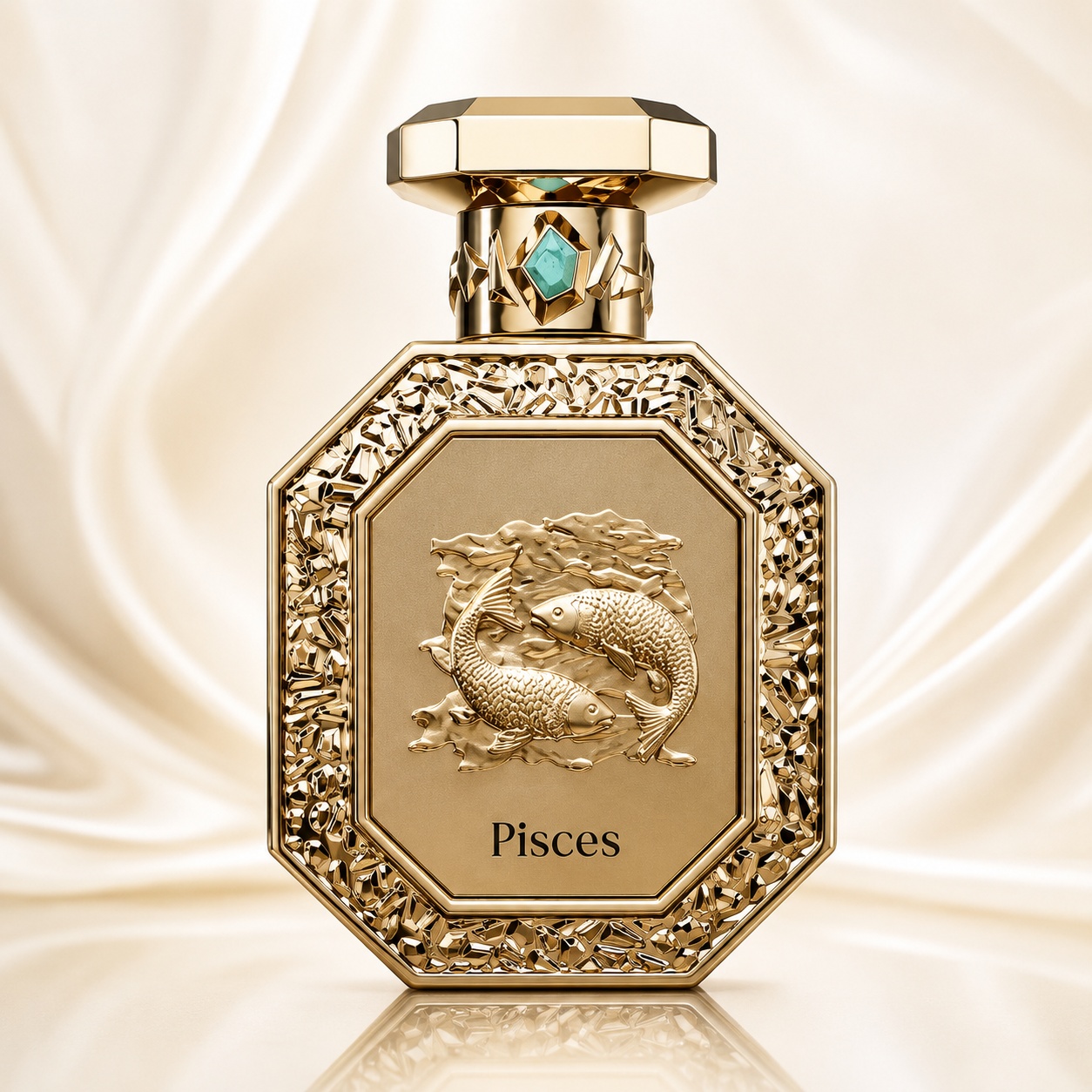 Sticlă parfum Genesis Pisces French Avenue 90 ml pe fundal luminos premium cu satin auriu
