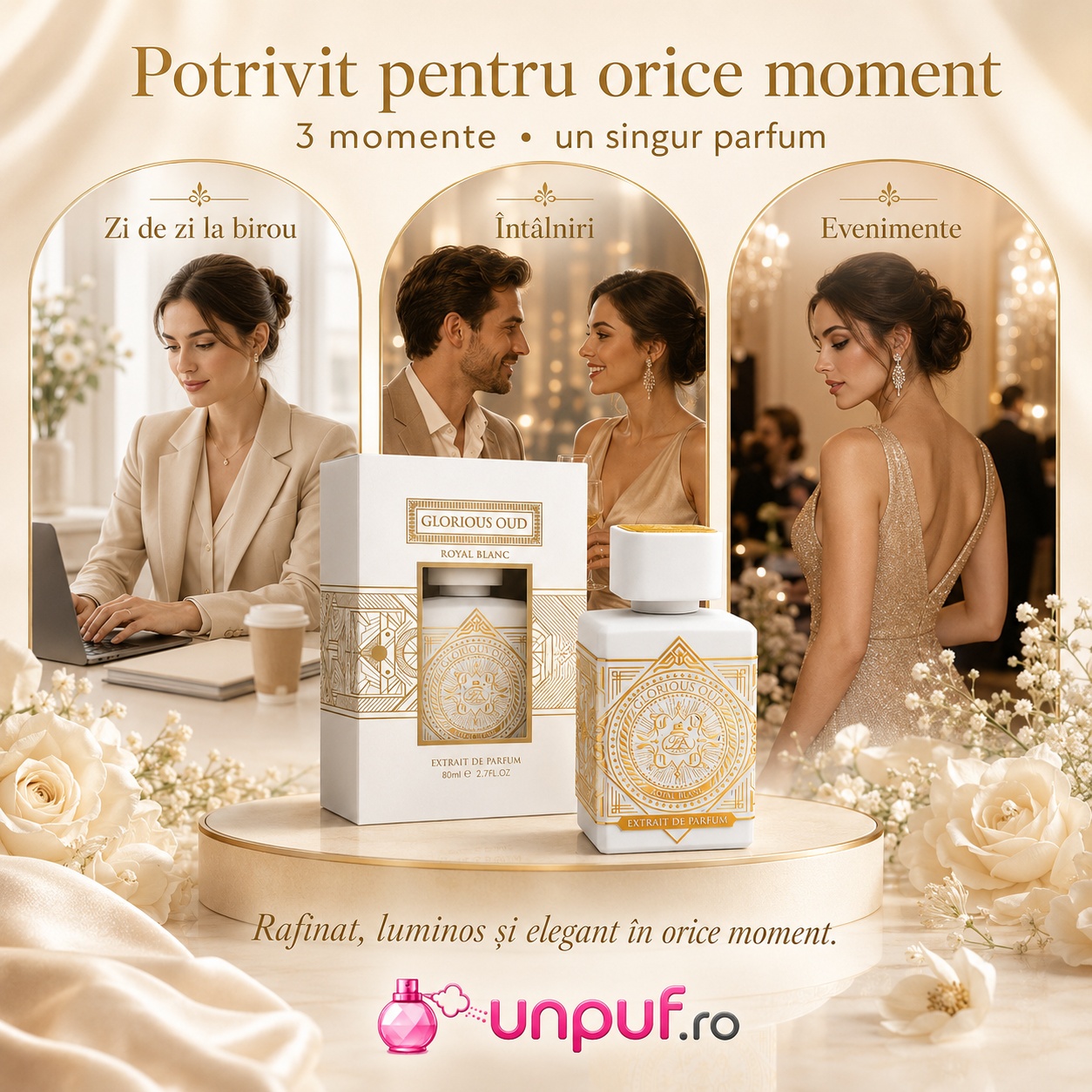 Parfum Glorious Oud Royal Blanc French Avenue potrivit pentru zi de zi la birou, &icirc;nt&acirc;lniri și evenimente elegante