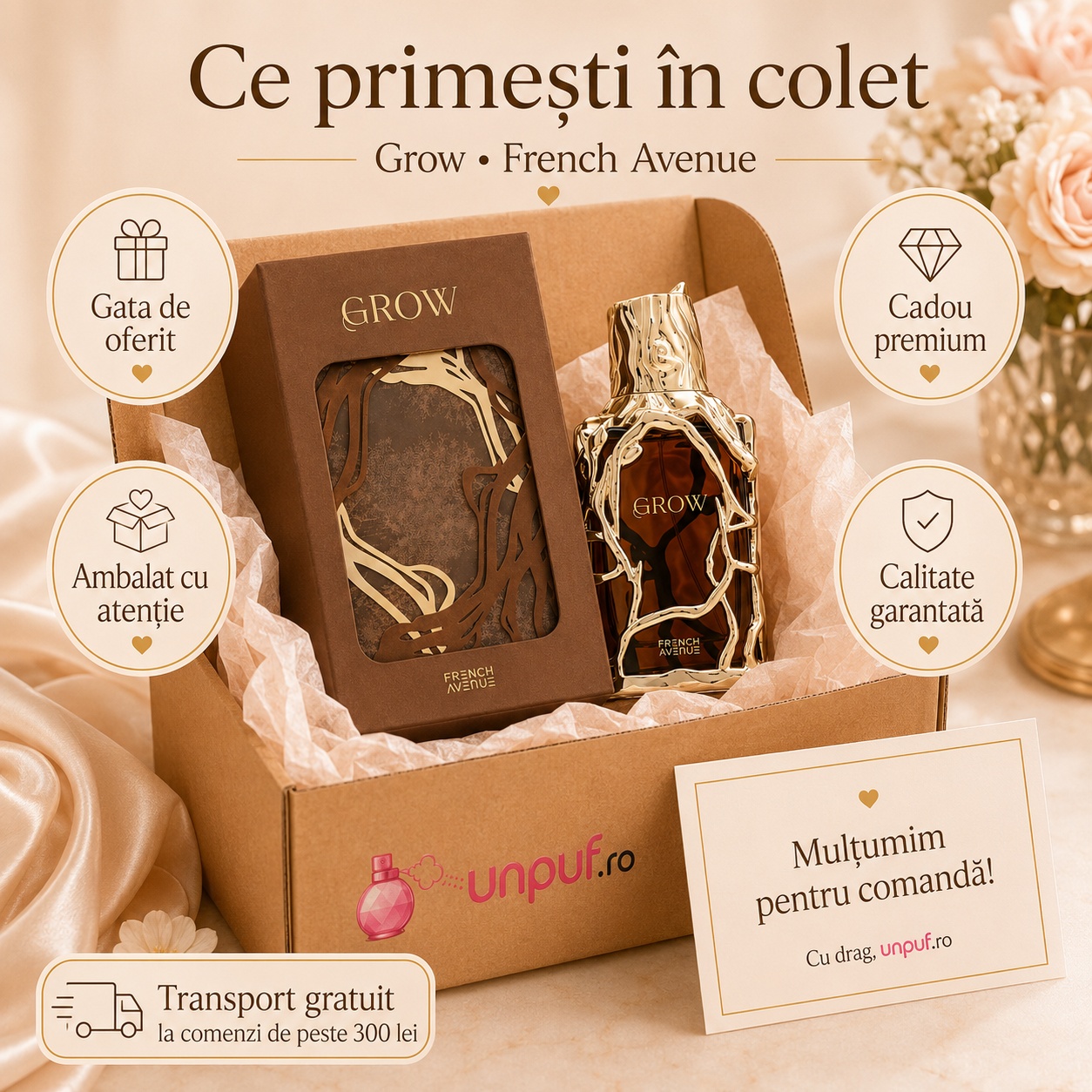 Colet parfum Grow French Avenue cu sticlă, cutie originală, ambalare atentă, card de mulțumire unpuf.ro și transport gratuit