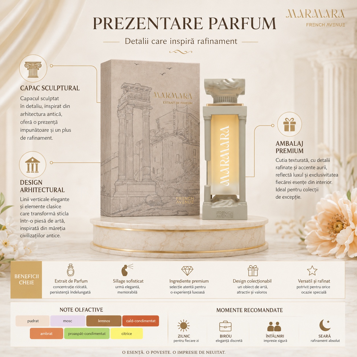 Prezentare parfum French Avenue Marmara cu flacon, cutie, beneficii, acorduri principale și momente recomandate