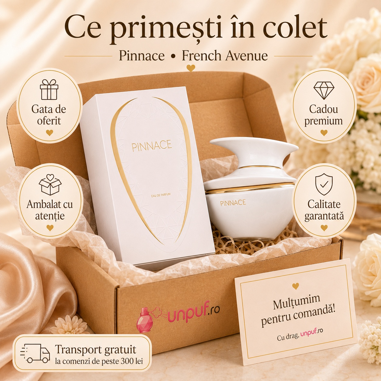 Colet parfum Pinnace French Avenue cu parfum original, cutie premium, ambalare atentă și card de mulțumire unpuf.ro