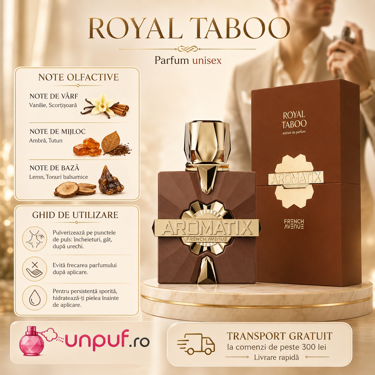 Note olfactive parfum Royal Taboo Aromatix vanilie scorțișoară ambră tutun lemn tonuri balsamice