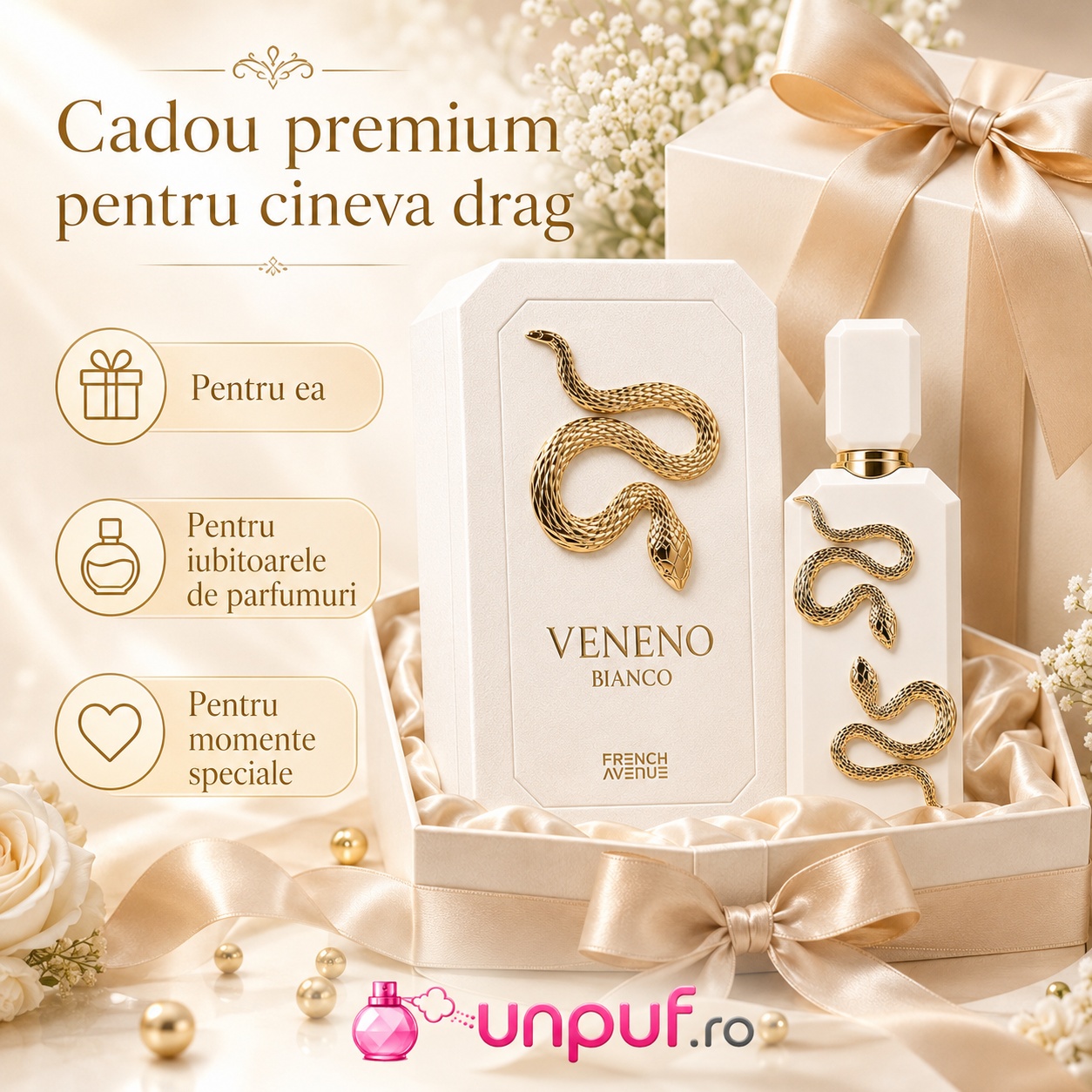 Veneno Bianco French Avenue cadou premium pentru cineva drag parfum elegant alb auriu