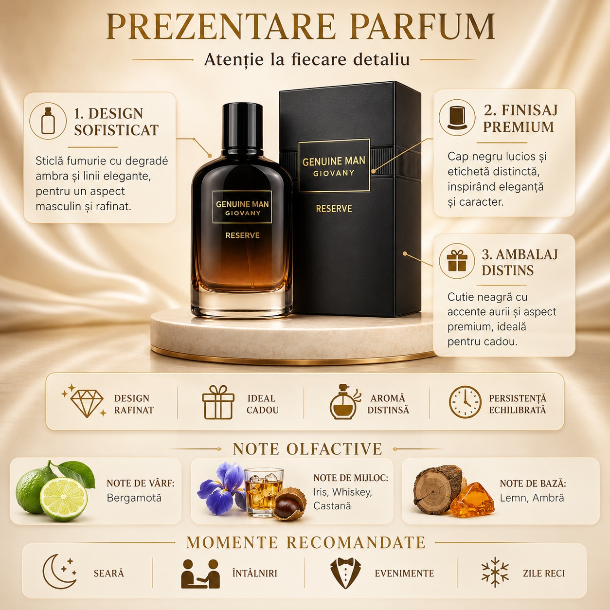 Prezentare parfum Genuine Man Giovany Reserve cu design sofisticat, finisaj premium, ambalaj distins și note olfactive