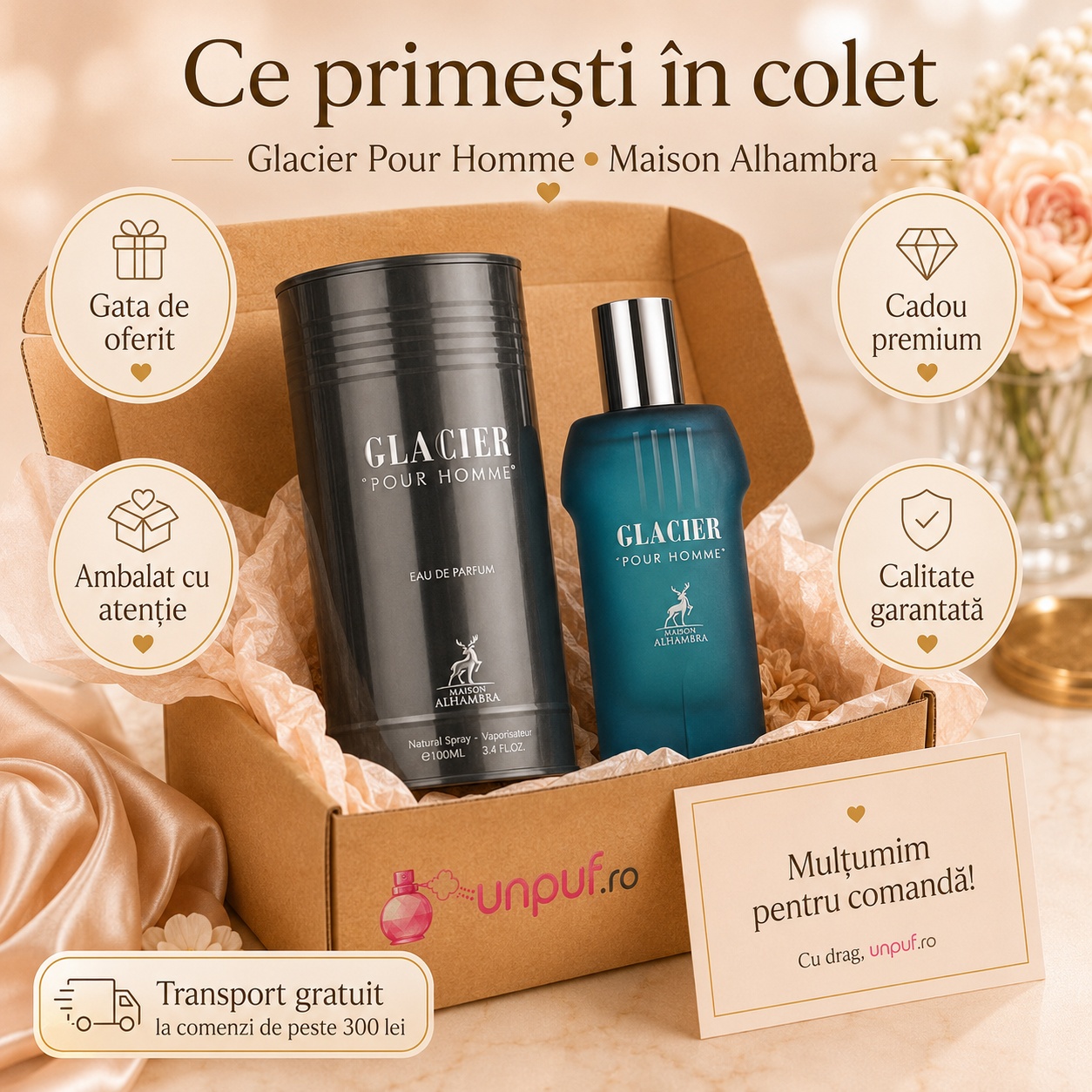 Ce primești &icirc;n colet Glacier Pour Homme Maison Alhambra 100 ml ambalat cu atenție cadou premium unpuf.ro