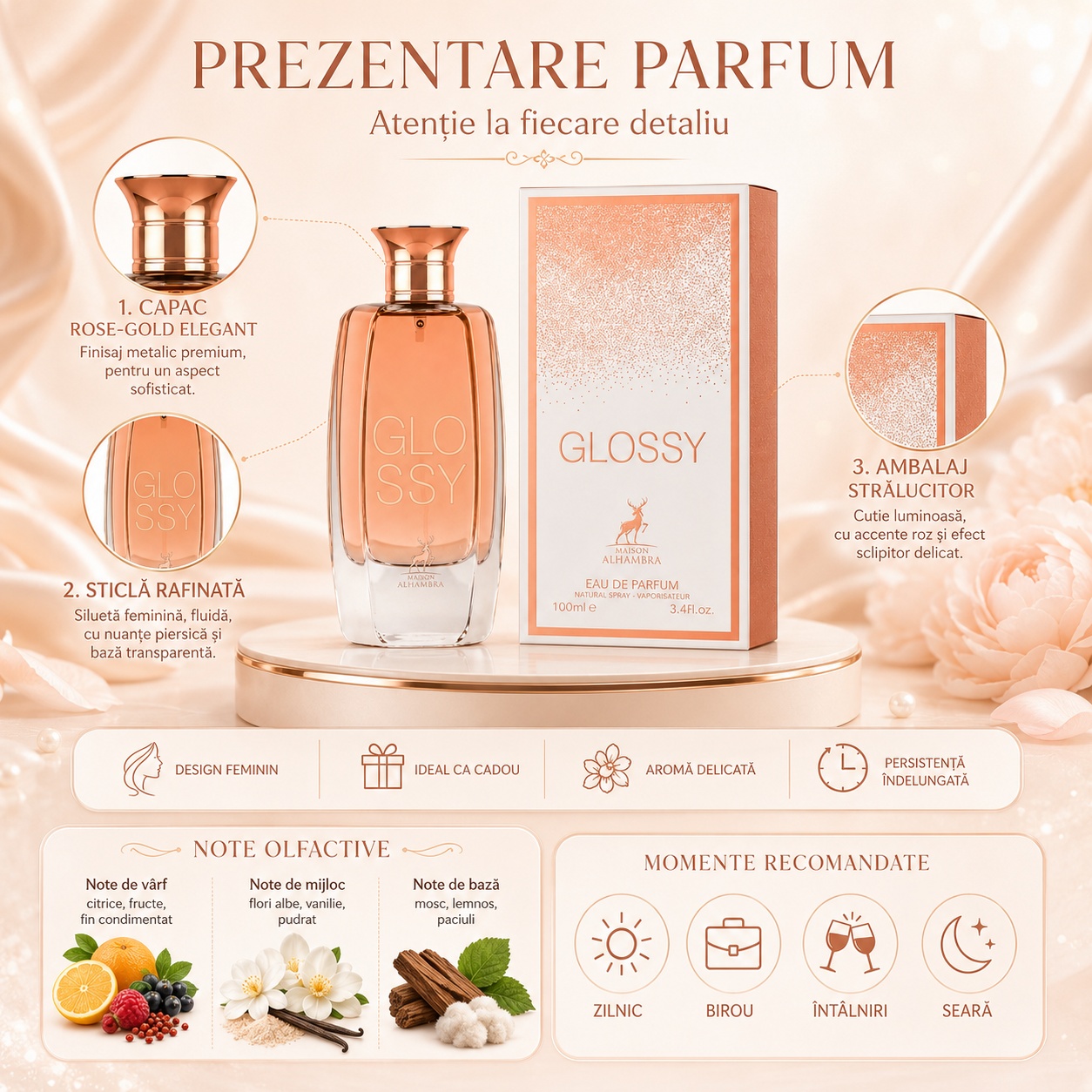 Prezentare parfum Glossy Maison Alhambra note olfactive citrice fructe flori albe vanilie pudrat mosc lemnos paciuli