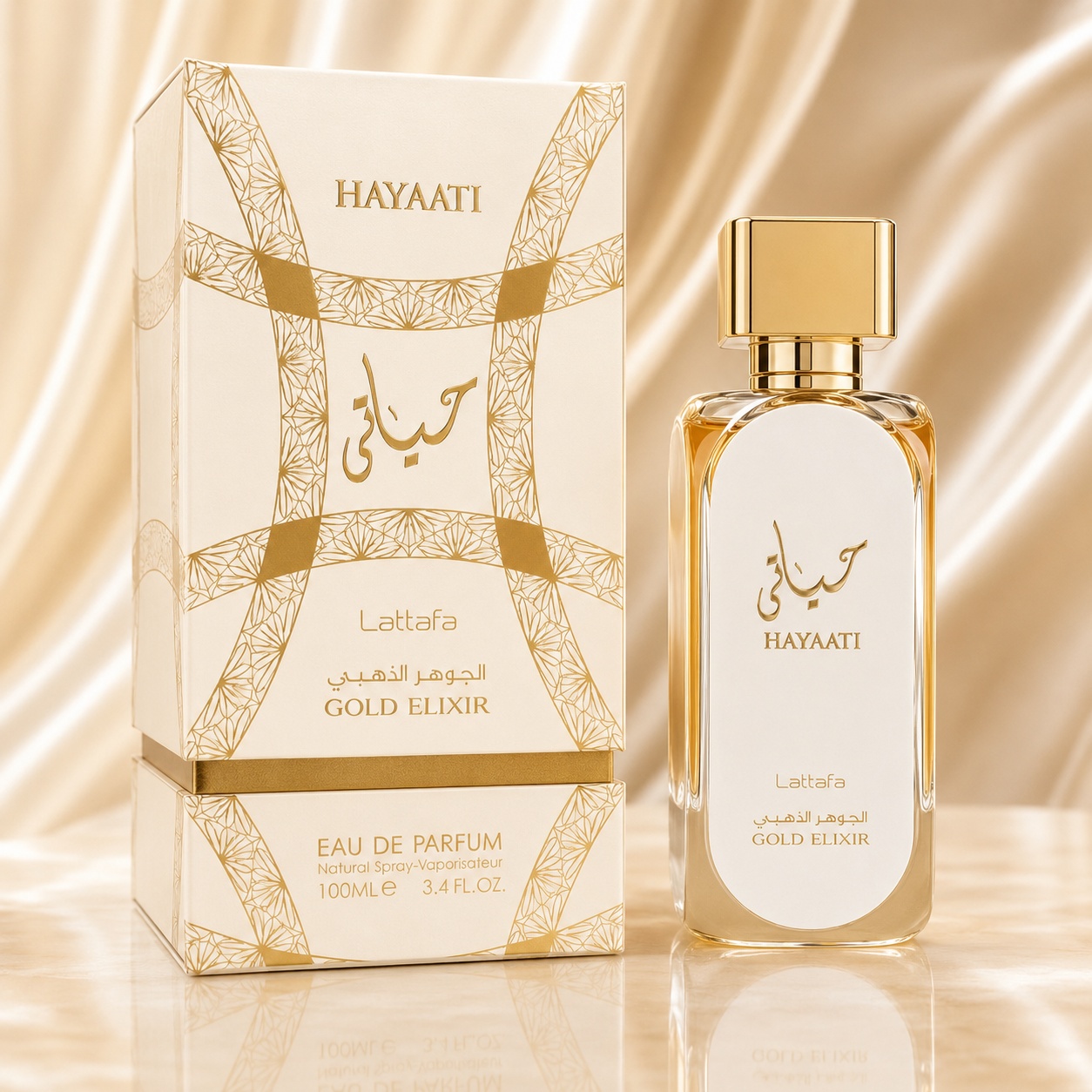 Parfum Arăbesc Hayaati Gold Elixir Lattafa 100 ml unisex cu flacon auriu și cutie premium