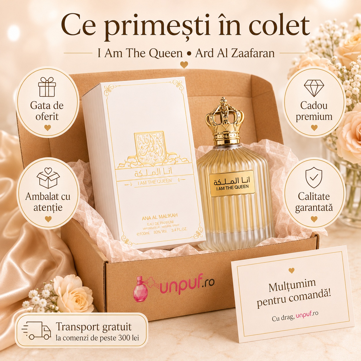 Colet parfum I Am The Queen Ard Al Zaafaran ambalat cu atenție, gata de oferit cadou premium