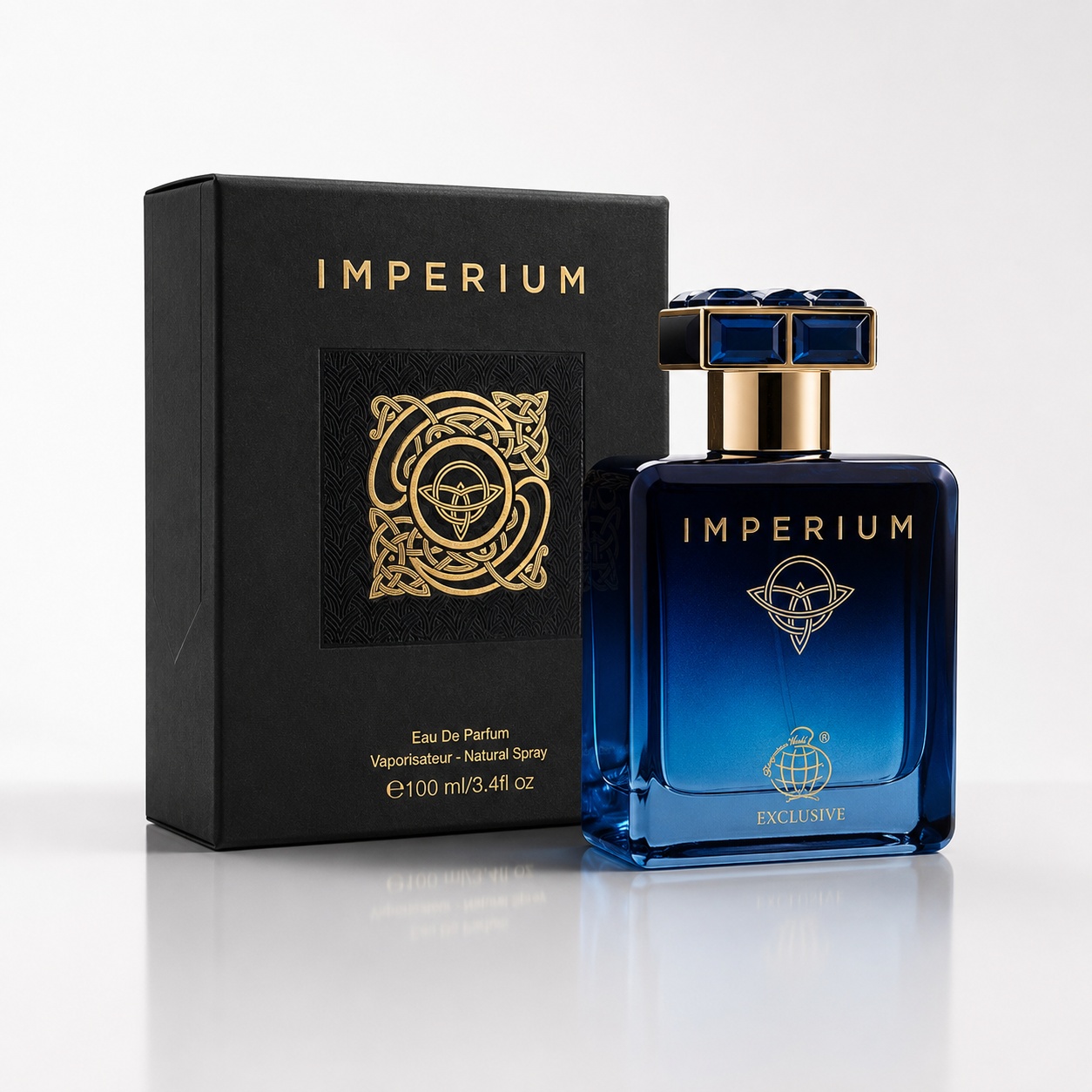 Parfum Imperium Fragrance World cu flacon albastru și cutie neagră elegantă pe fundal alb