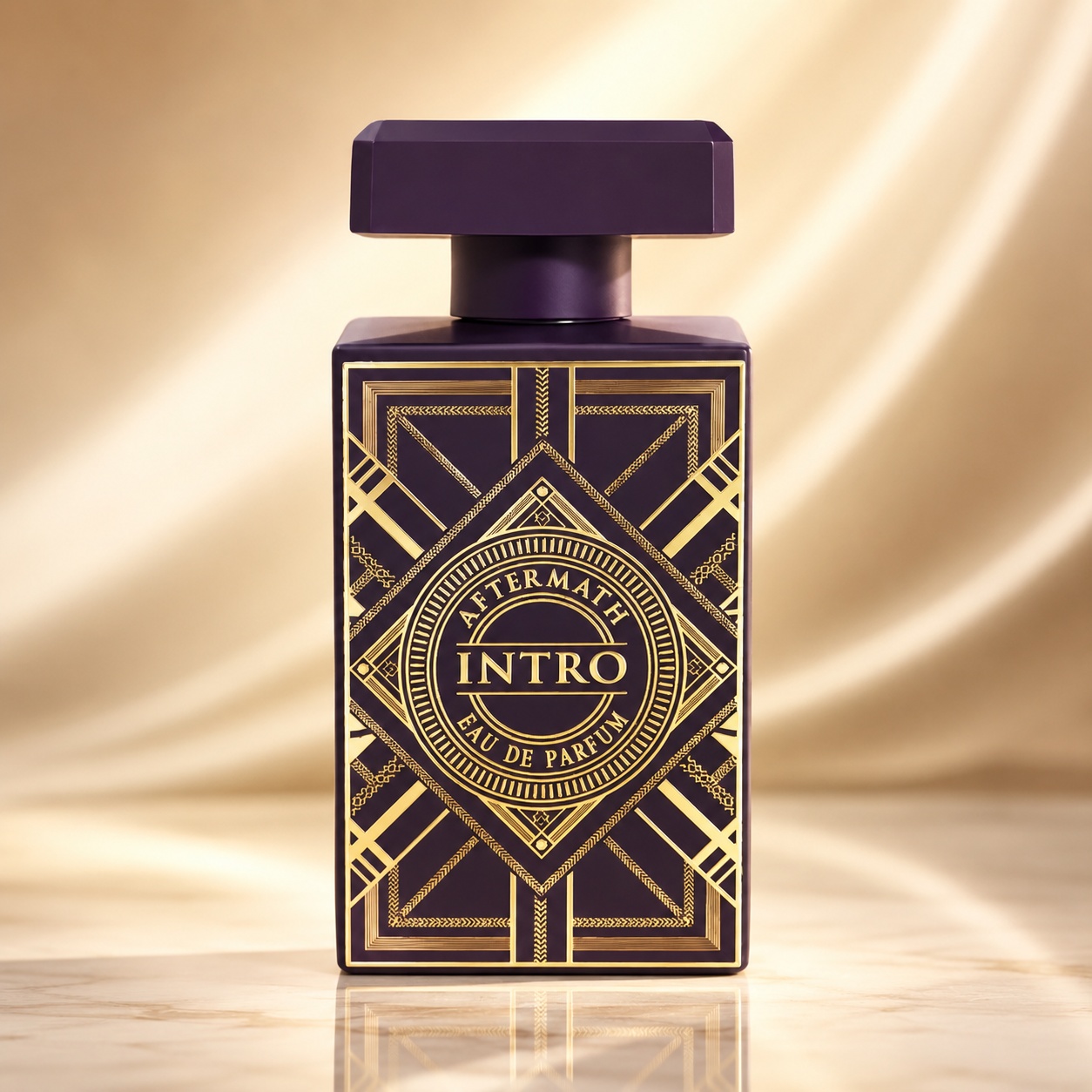 Flacon Intro Aftermath Fragrance World 80 ml Apă de Parfum unisex cu design mov și detalii aurii