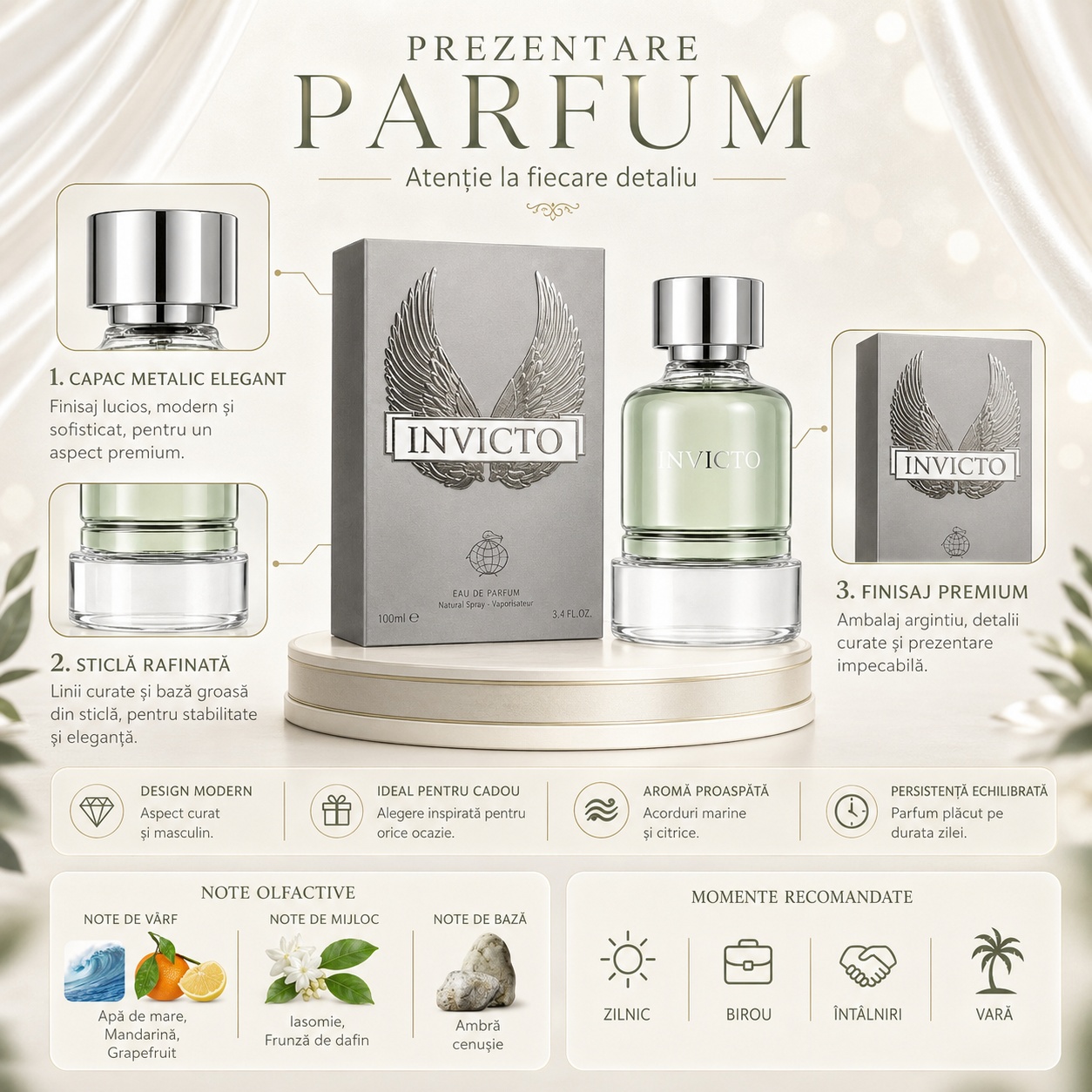 Prezentare parfum Invicto Fragrance World cu detalii despre capac, sticlă, finisaj premium, note olfactive și momente recomandate
