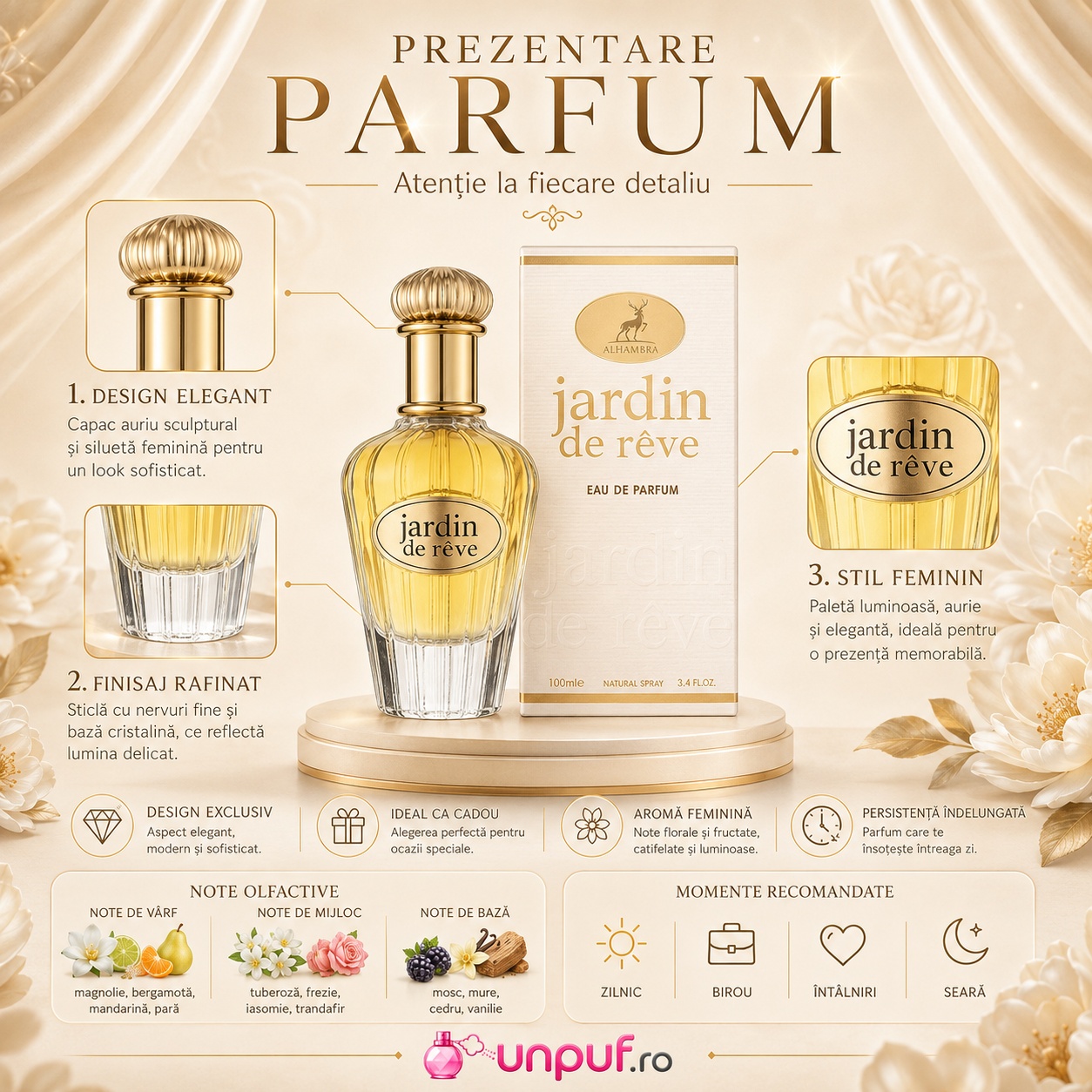 Prezentare parfum Jardin de R&ecirc;ve Maison Alhambra design elegant note olfactive magnolie bergamotă mandarină pară tuberoză trandafir mosc mure cedru vanilie