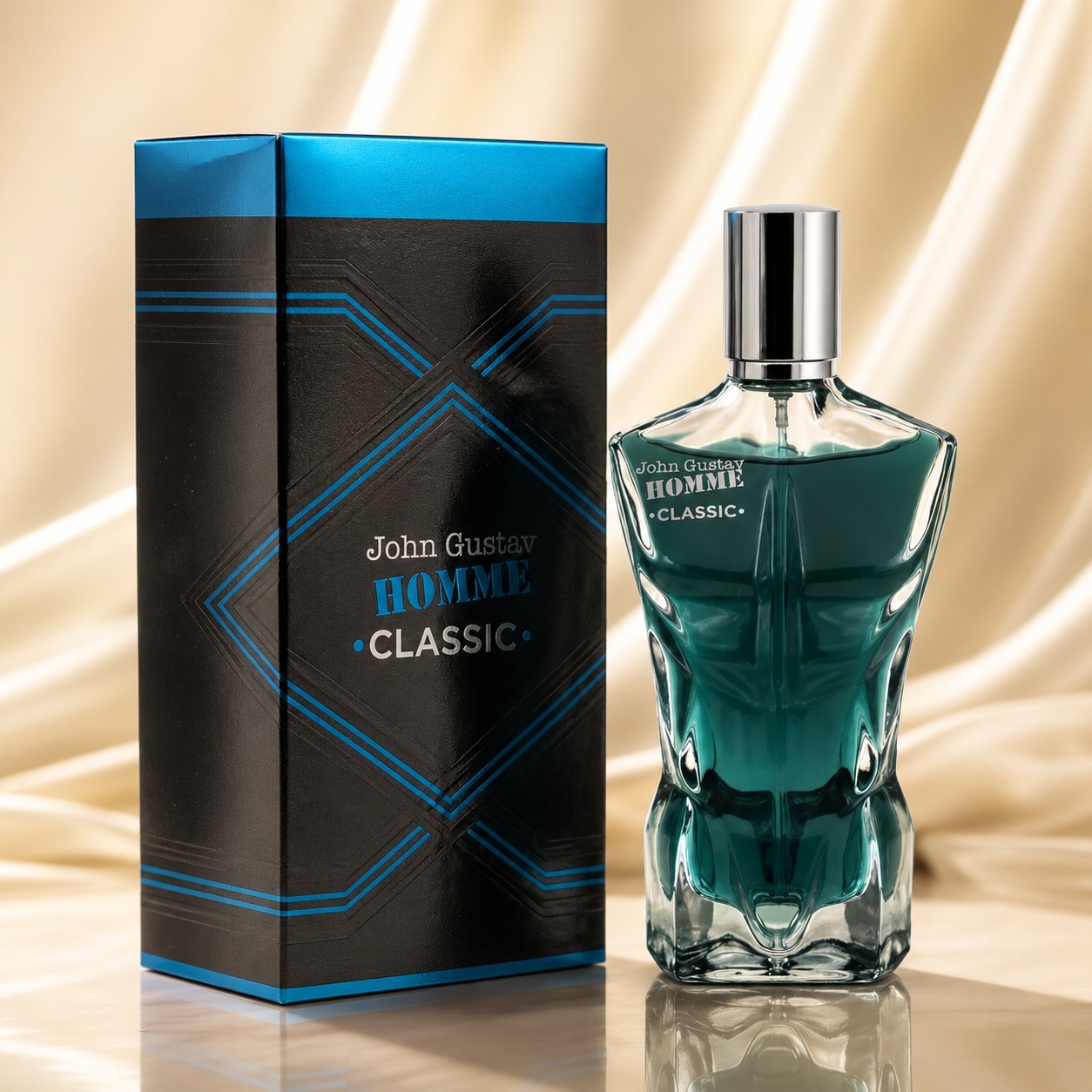 Parfum Arăbesc John Gustav Homme Classic Fragrance World 100 ml cu flacon teal și cutie neagră premium