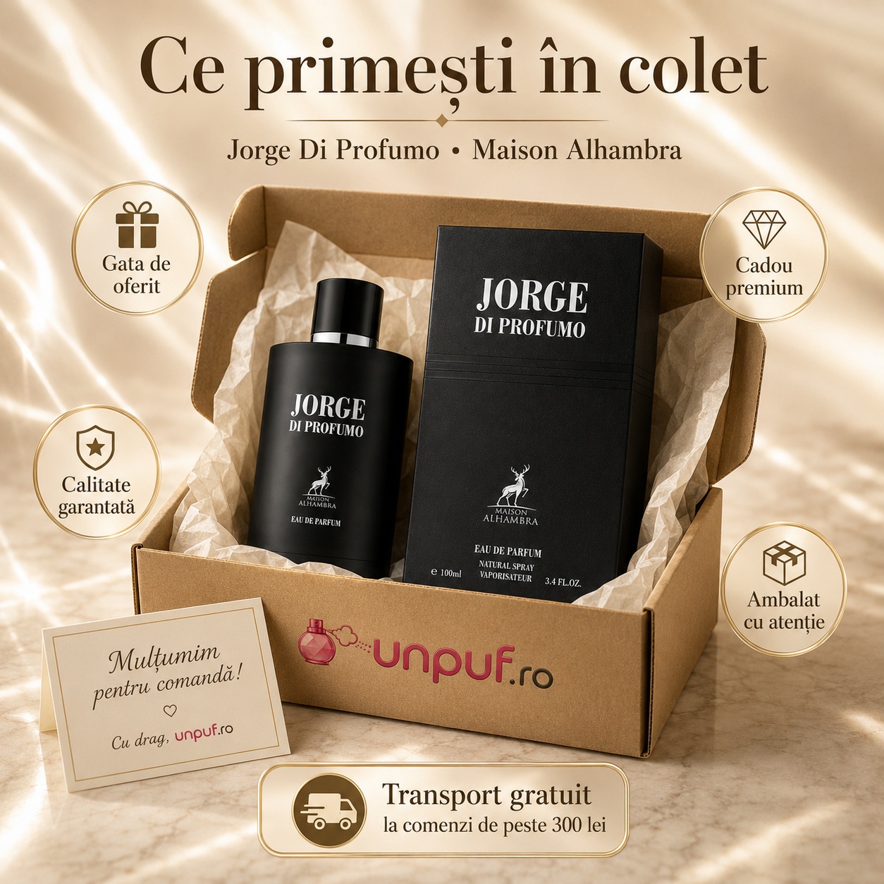 Ce primești &icirc;n colet Jorge Di Profumo Maison Alhambra 100 ml ambalat cu atenție cadou premium unpuf.ro