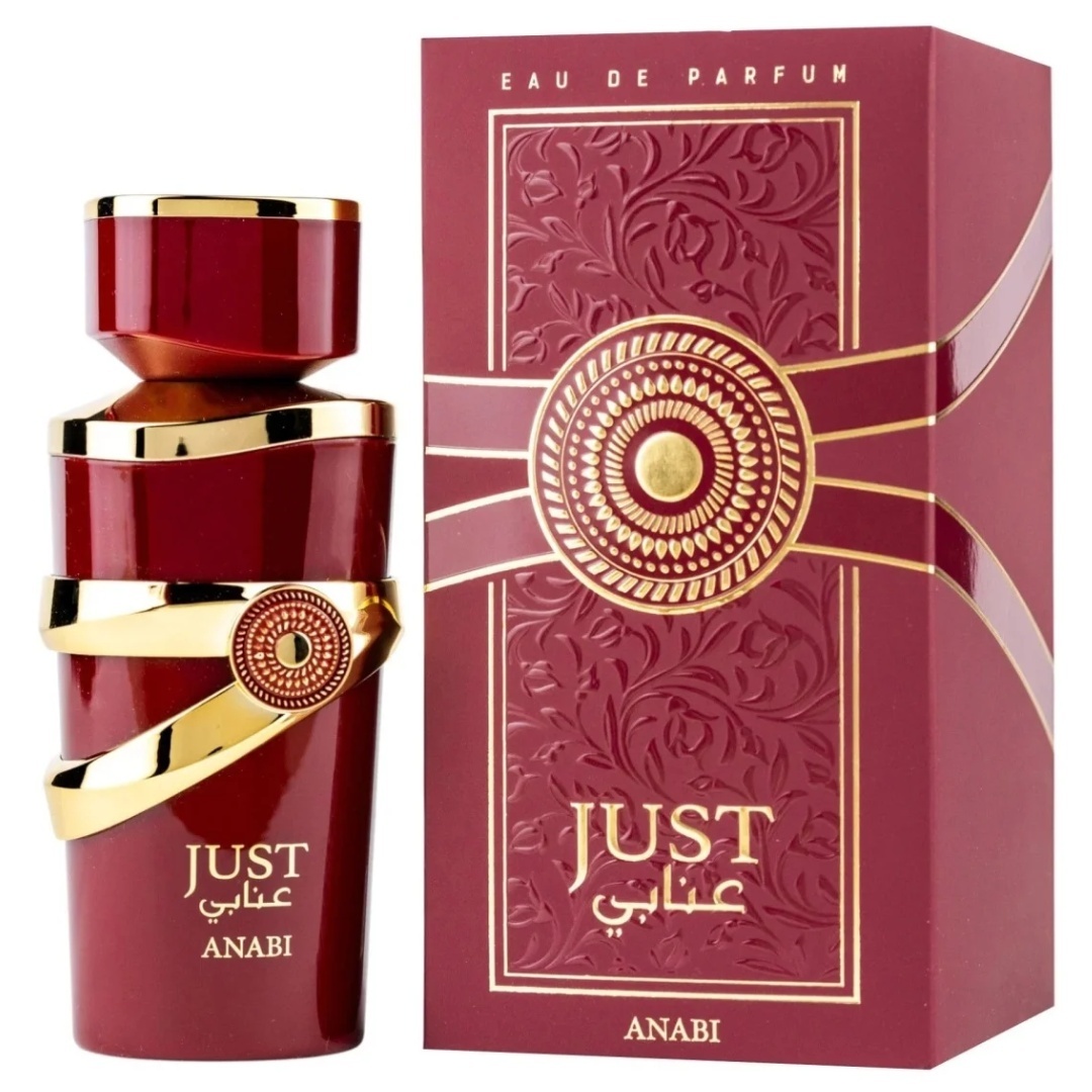 Parfum Just Anabi Fragrance World 100 ml imagine produs pe fundal alb cu flacon bordo și cutie