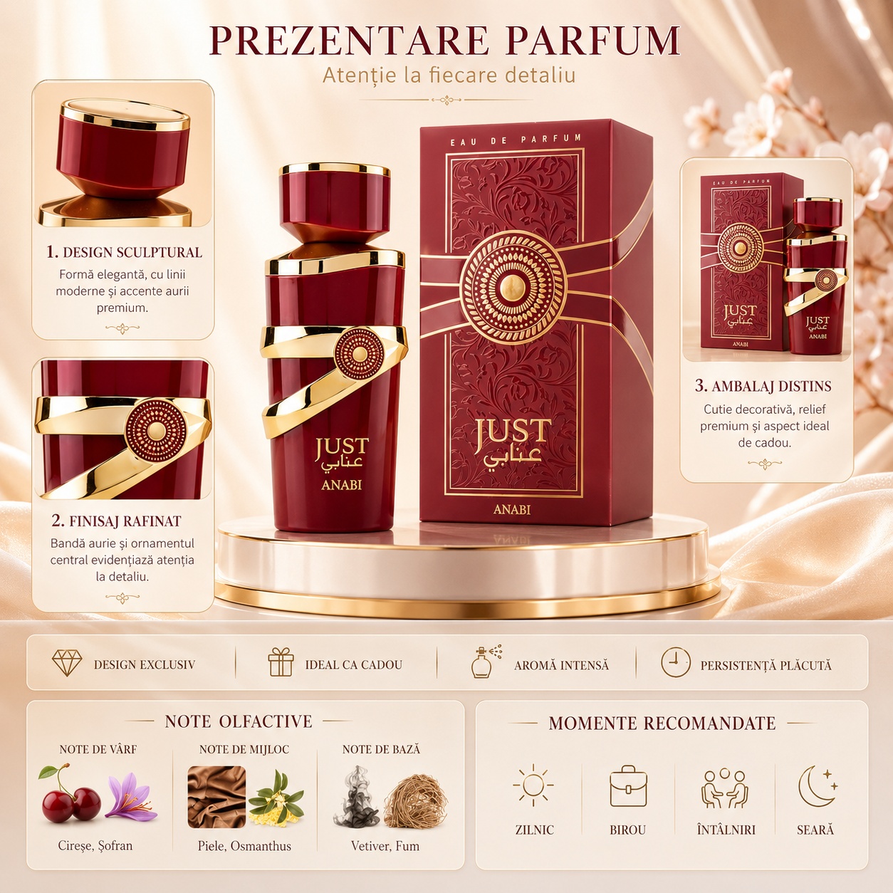 Prezentare parfum Just Anabi Fragrance World cu detalii despre flacon, ambalaj, note olfactive și momente recomandate