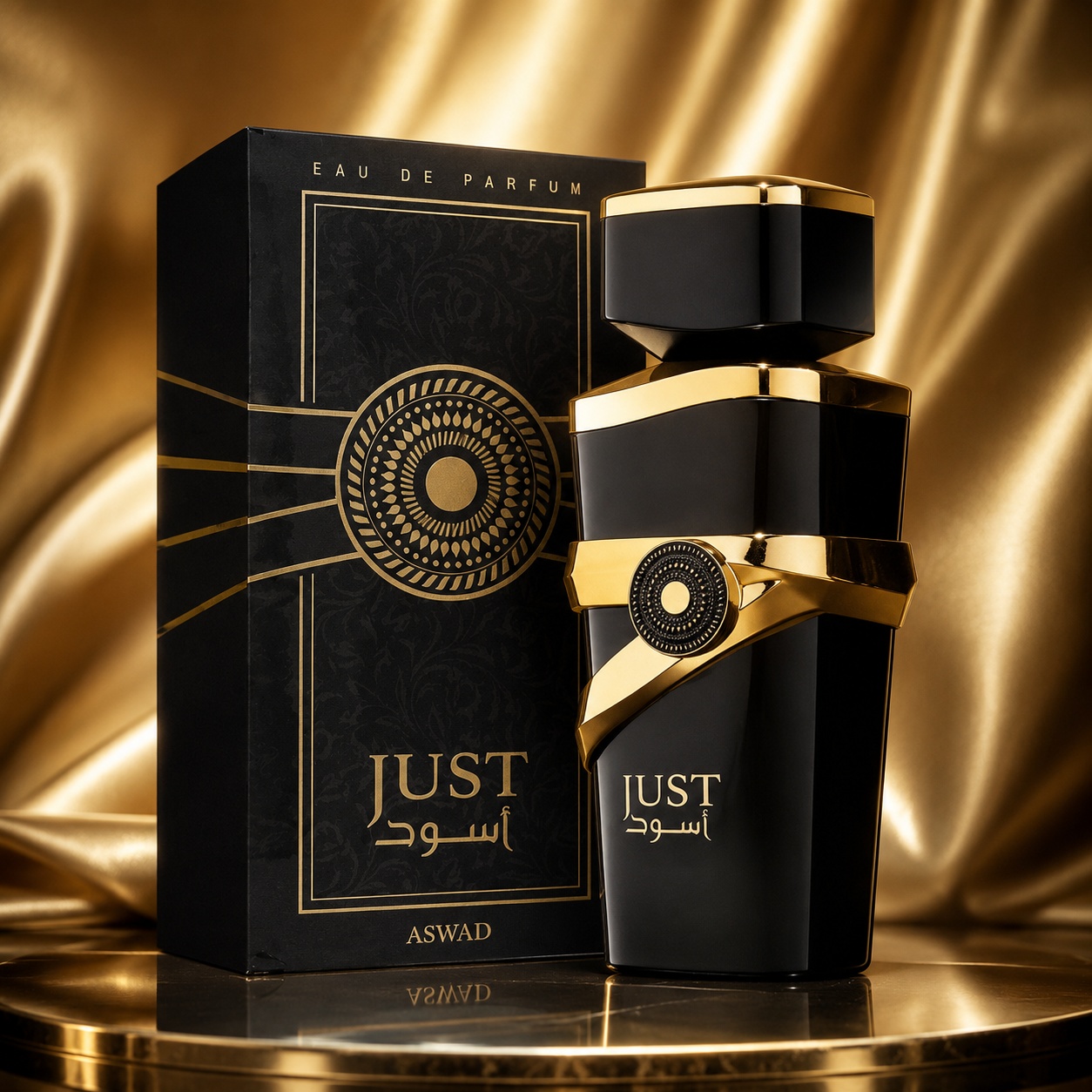 Parfum Arăbesc Just Aswad Fragrance World 100 ml cu flacon negru lucios, detalii aurii și cutie neagră premium