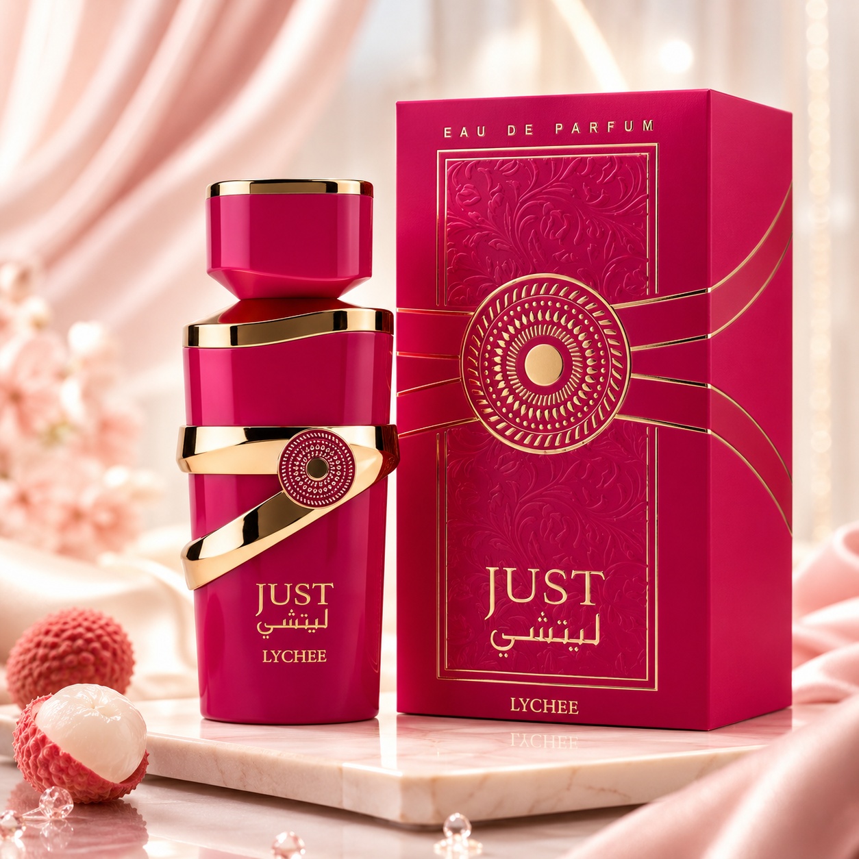 Parfum Arăbesc Just Lychee Fragrance World 100 ml cu flacon fuchsia și cutie premium cu detalii aurii