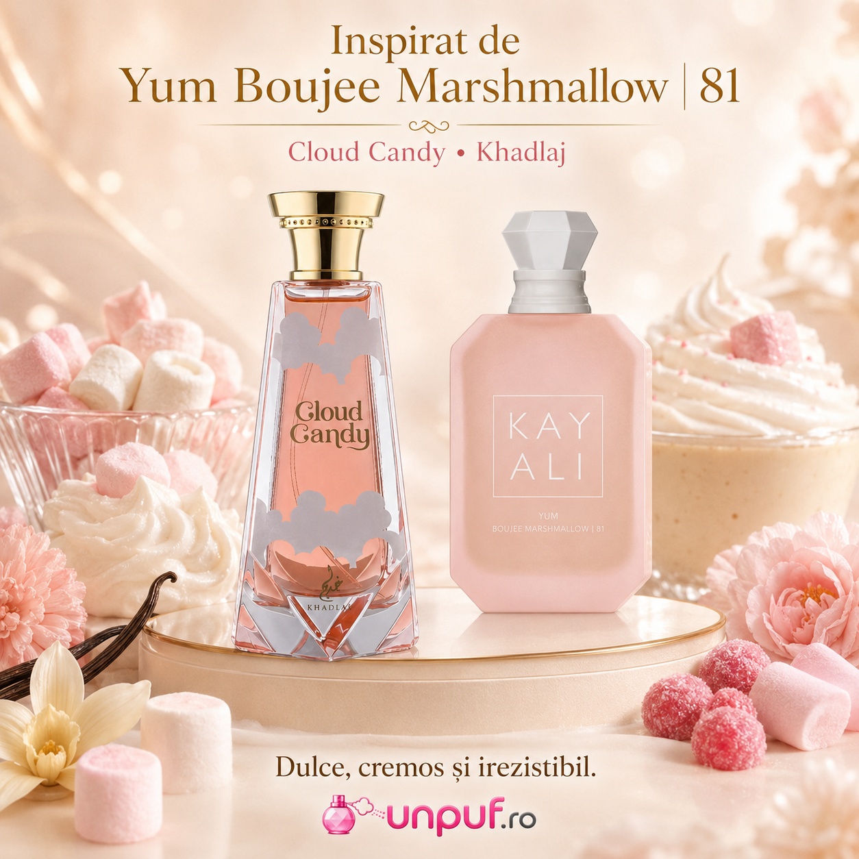 Khadlaj Cloud Candy direcție vizuală Yum Boujee Marshmallow 81, parfum dulce, cremos și irezistibil