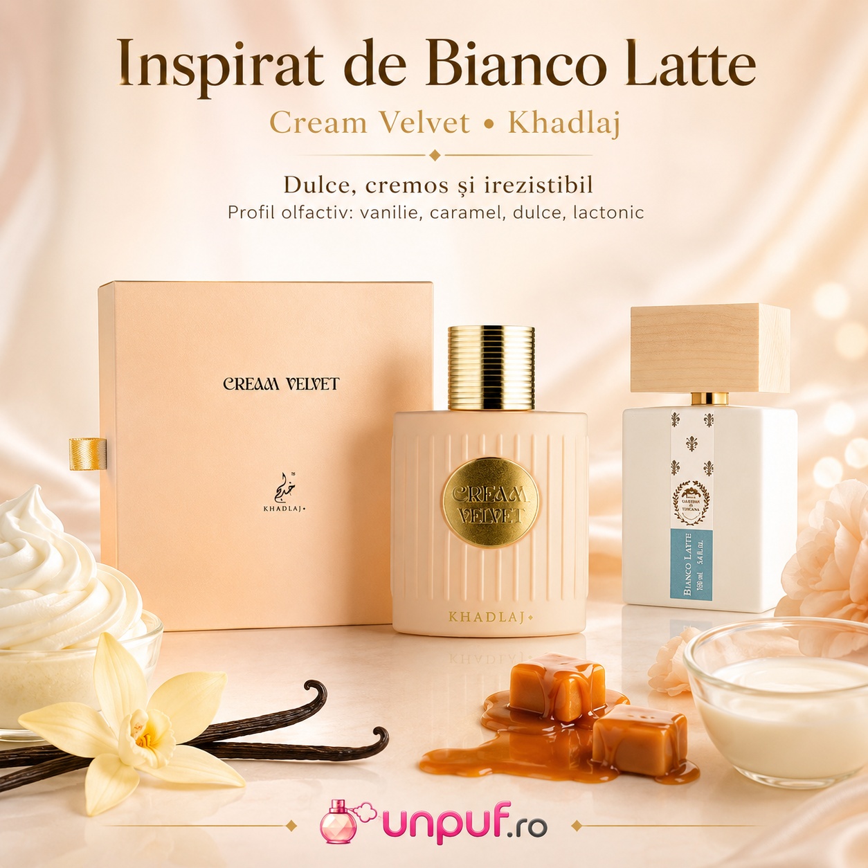 Khadlaj Cream Velvet direcție vizuală Bianco Latte, parfum dulce cremos cu vanilie, caramel și lactonic