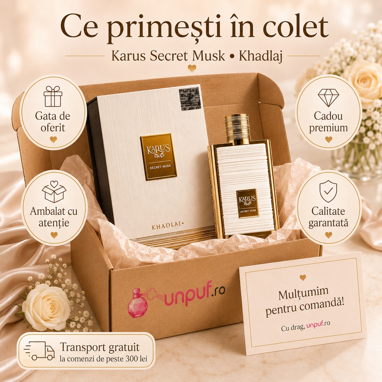 Ce primești în colet Khadlaj Karus Secret Musk 100 ml, parfum original, ambalare atentă și transport gratuit peste 300 lei